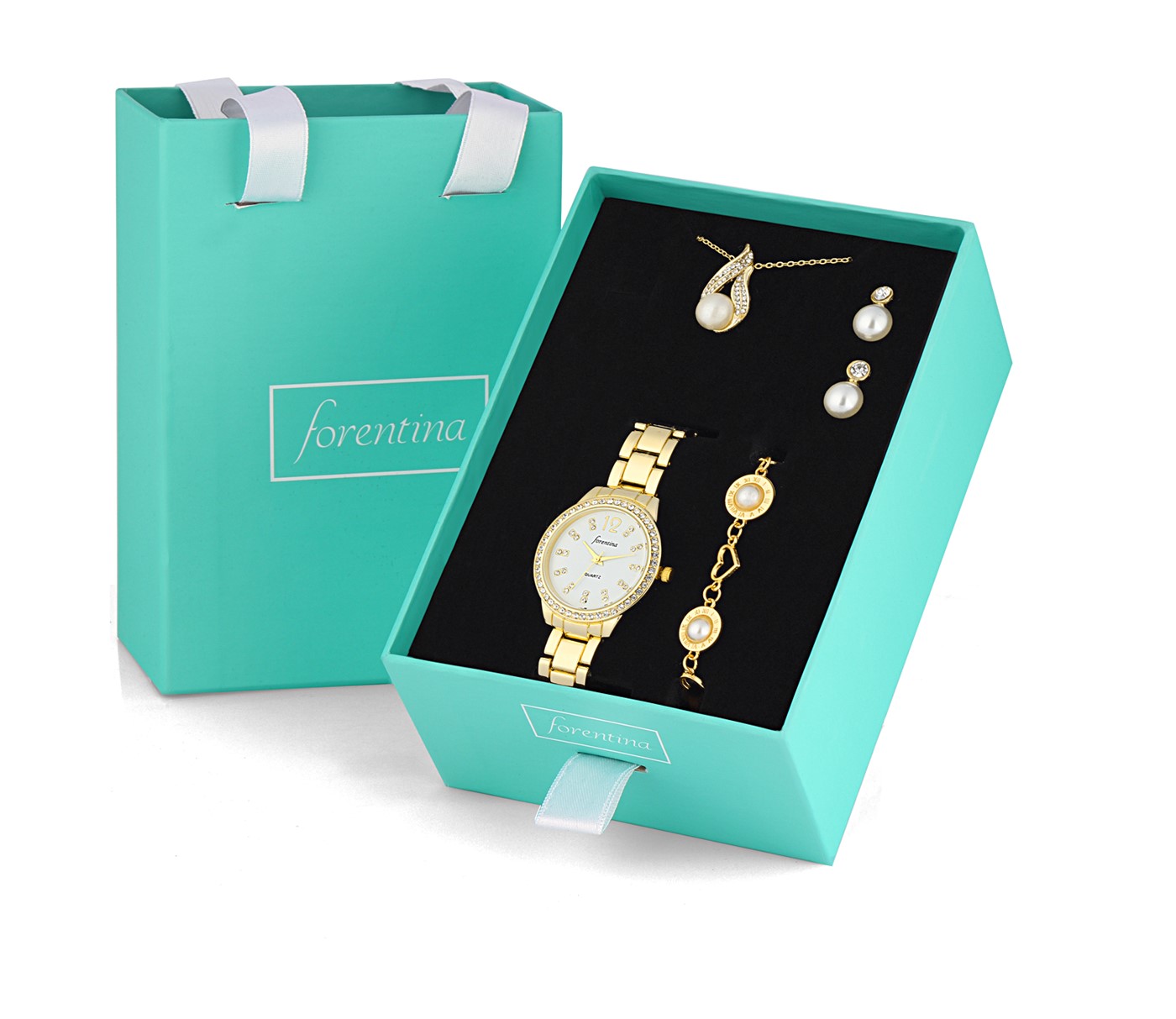 Forentina İnci Modeli Kolye Küpe Bileklik Saat Hediye Set PS2727