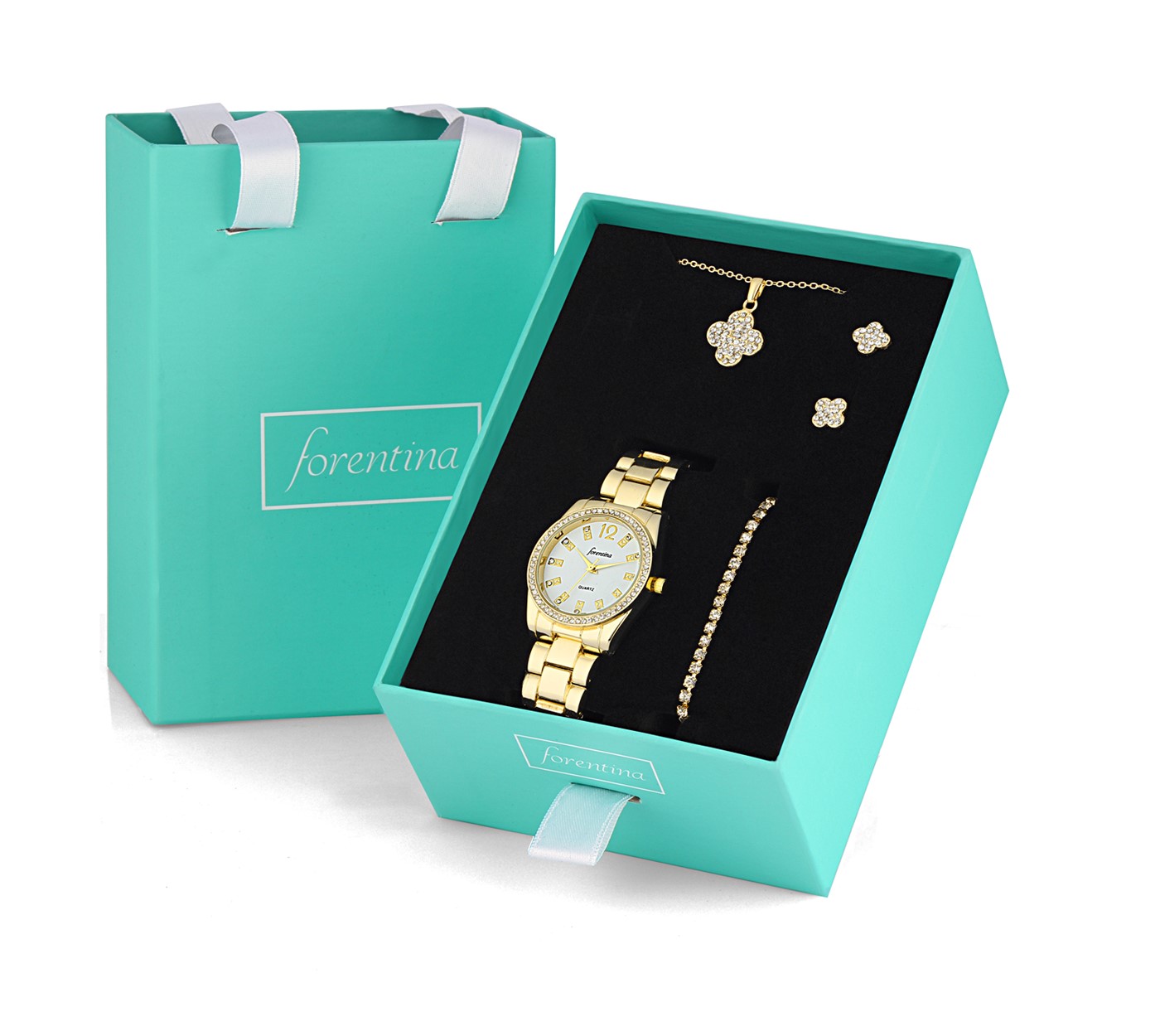 Forentina Yonca Kolye Küpe Bileklik Saat Hediye Set PS2729
