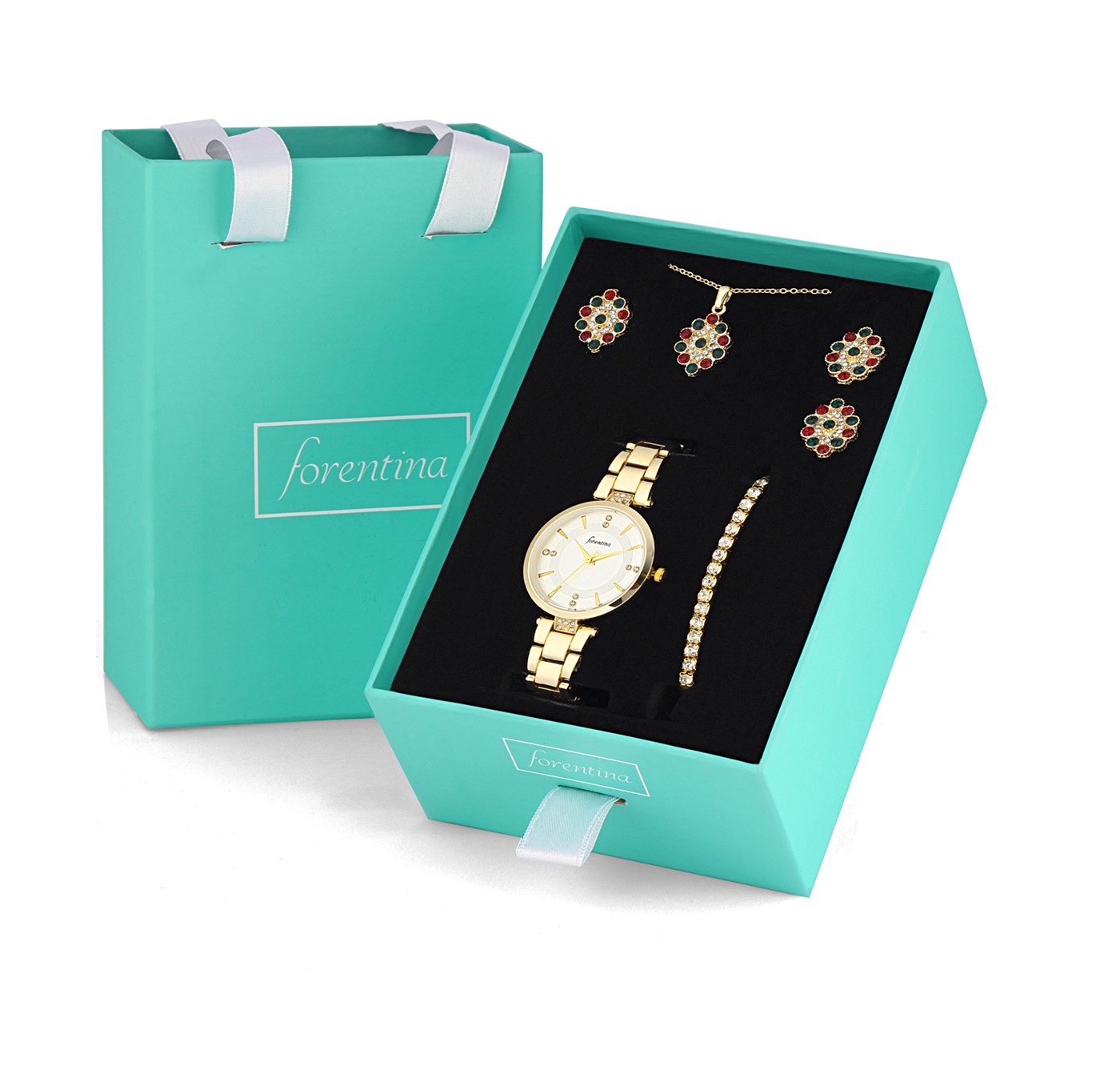 Forentina Renkli Taşlı Kolye Küpe Bileklik Yüzük  Saat Hediye Set PS2730
