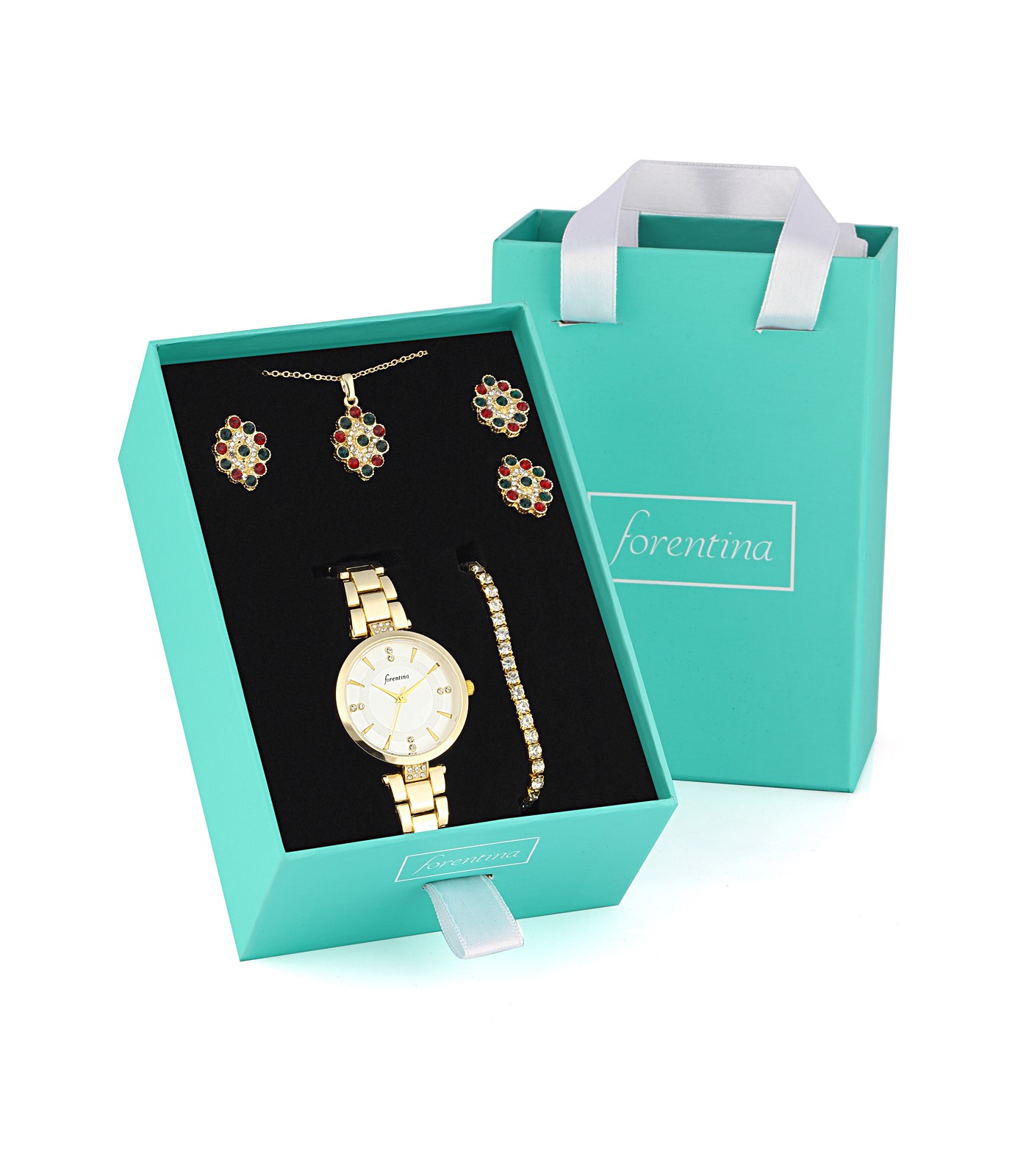 Forentina Renkli Taşlı Kolye Küpe Bileklik Yüzük  Saat Hediye Set PS2730