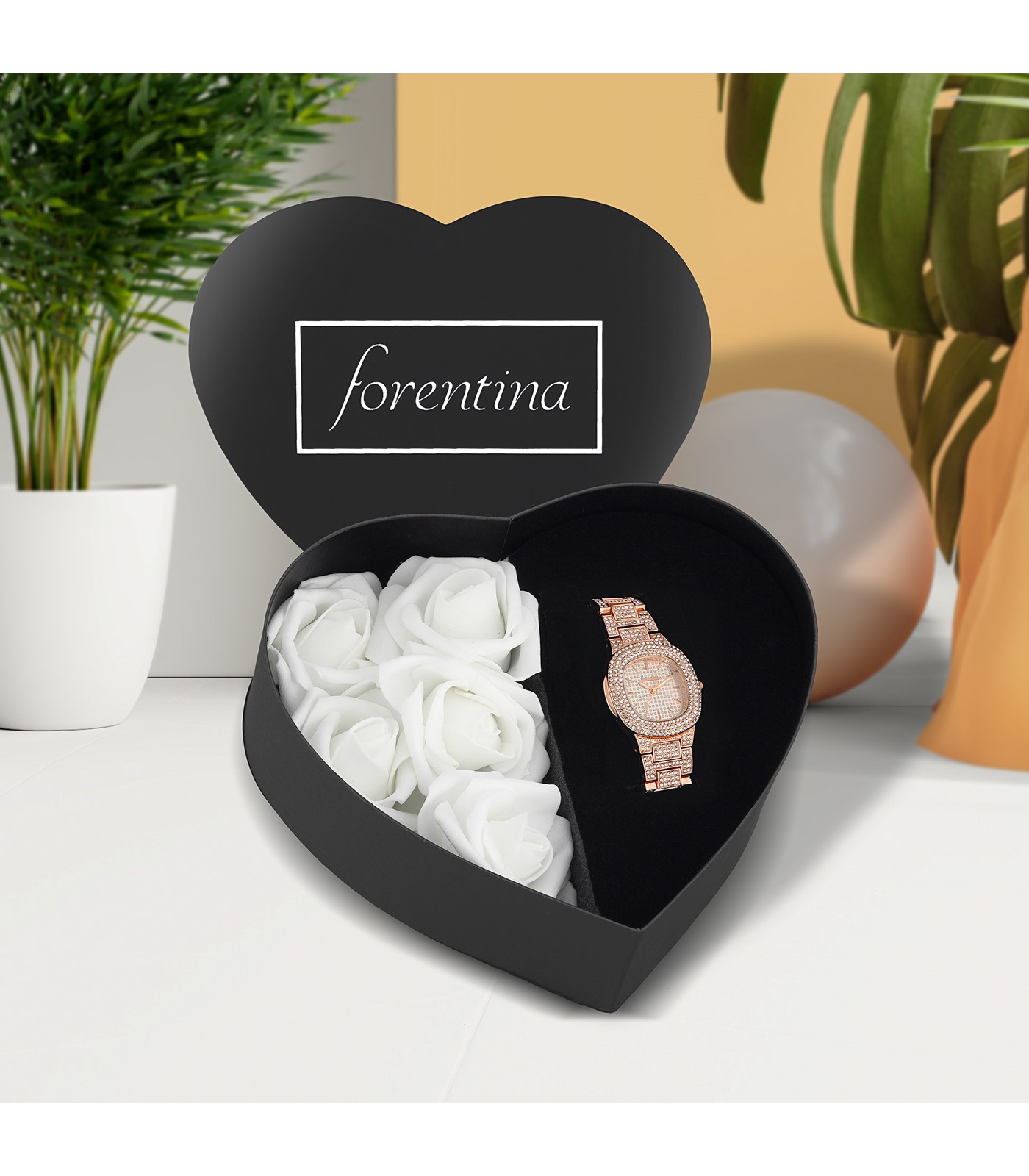 Forentina Bayan Rose Full Taşlı Kol Saati - Kalpli Güllü Kutu PS2734