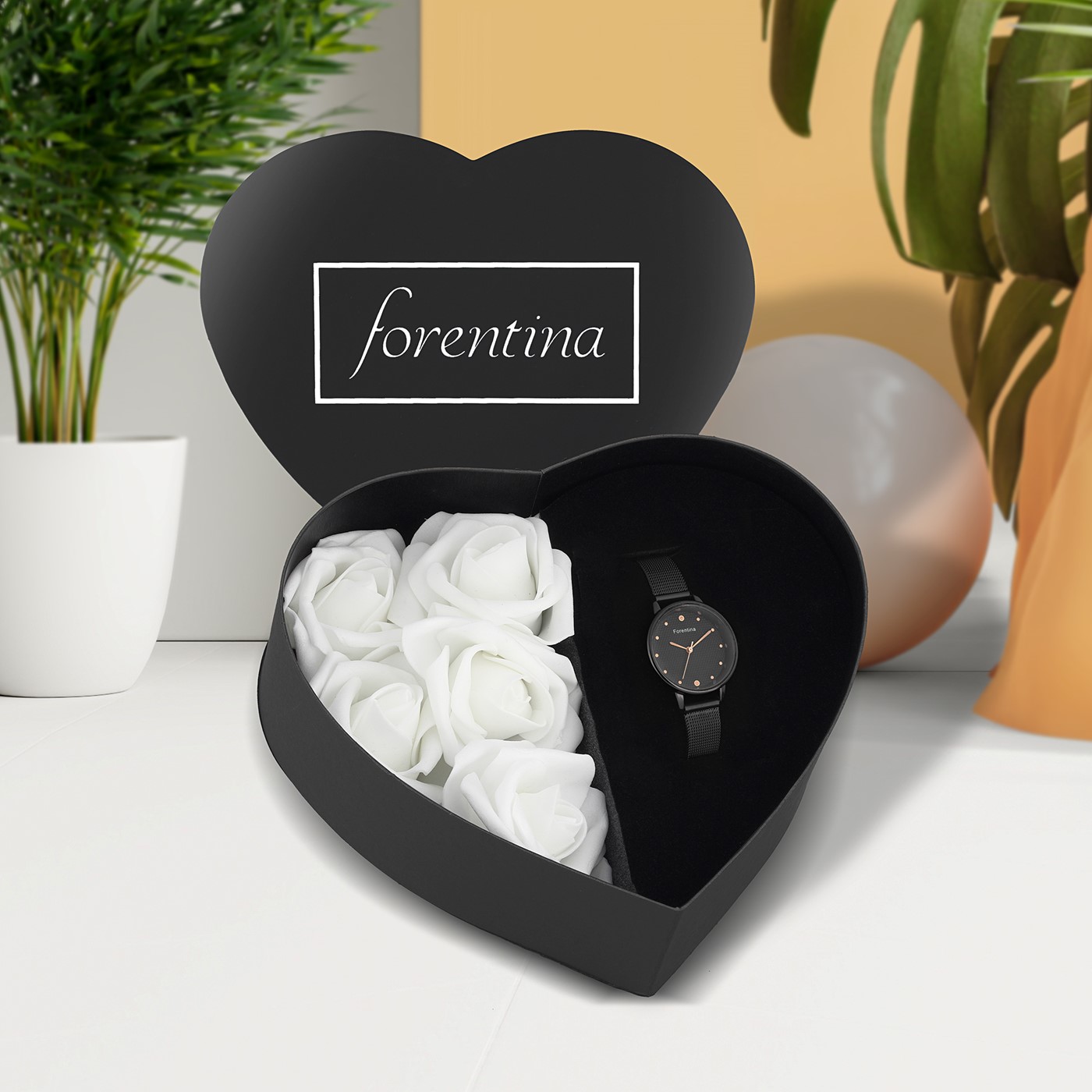 Forentina Siyah Hasır Bayan Kol Saati - Kalpli Güllü Kutu PS2735
