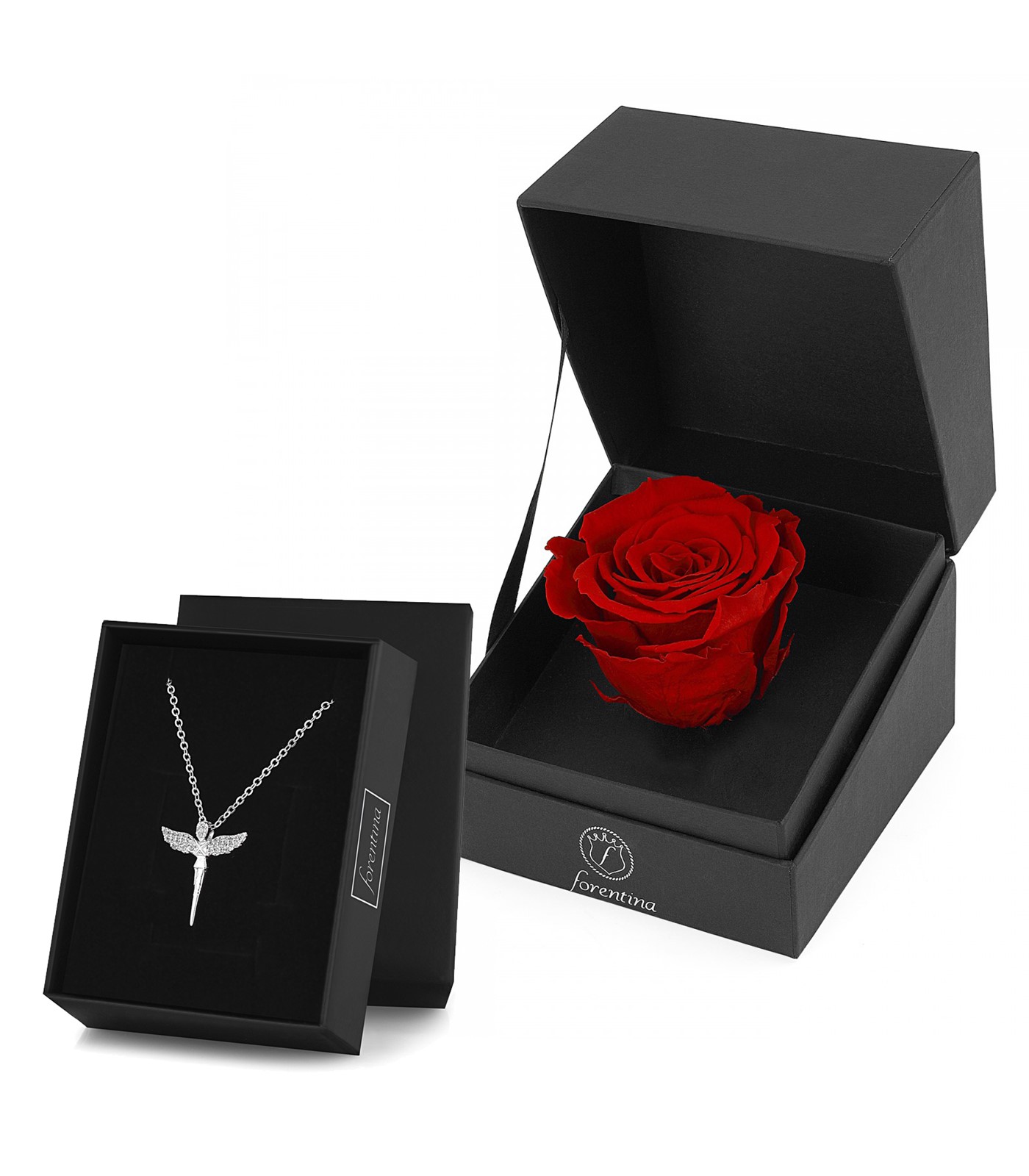Forentina Gümüş Kaplama Melek Kolye & Kırmızı Solmayan Gül Hediye Set PS2748