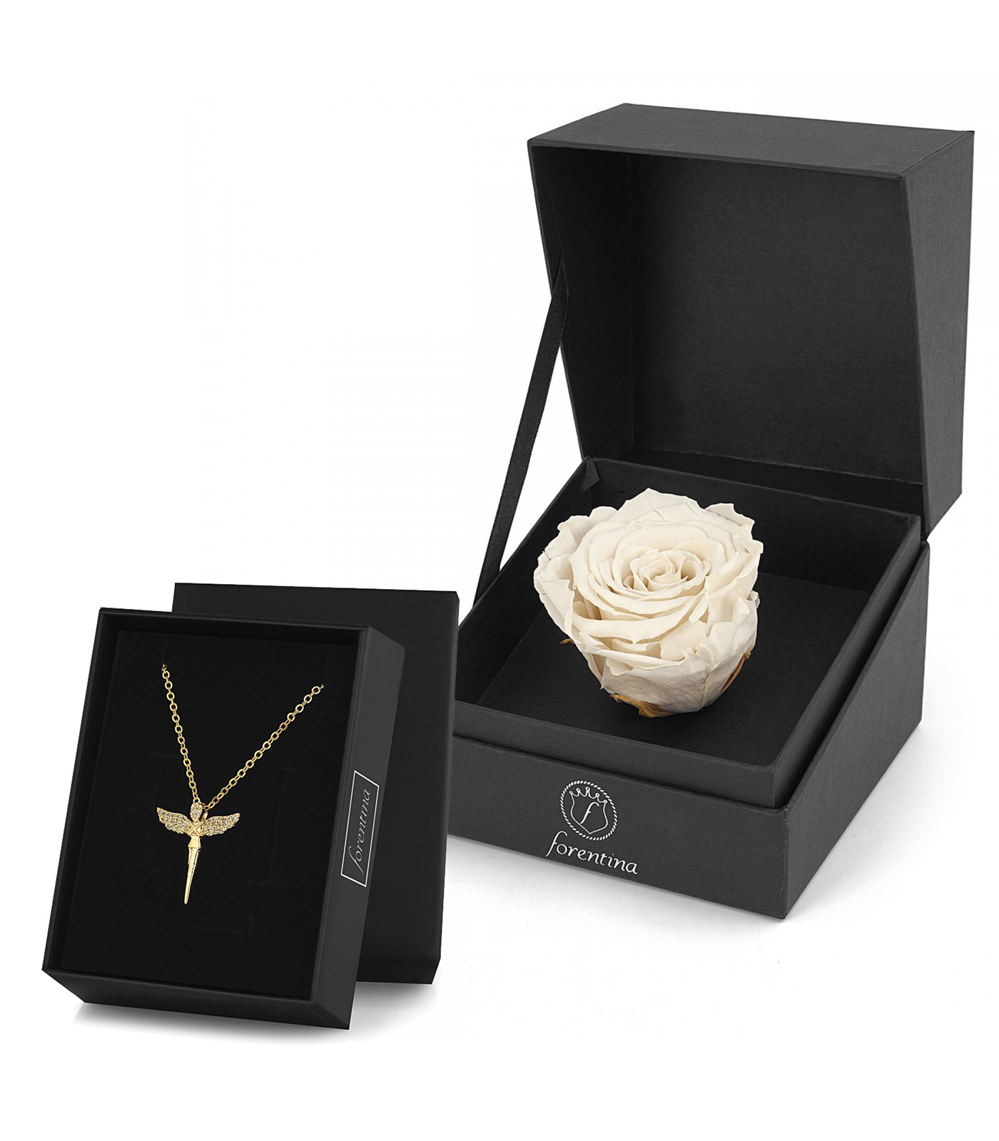 Forentina Altın Kaplama Melek Kolye & Beyaz Solmayan Gül Hediye Set PS2753