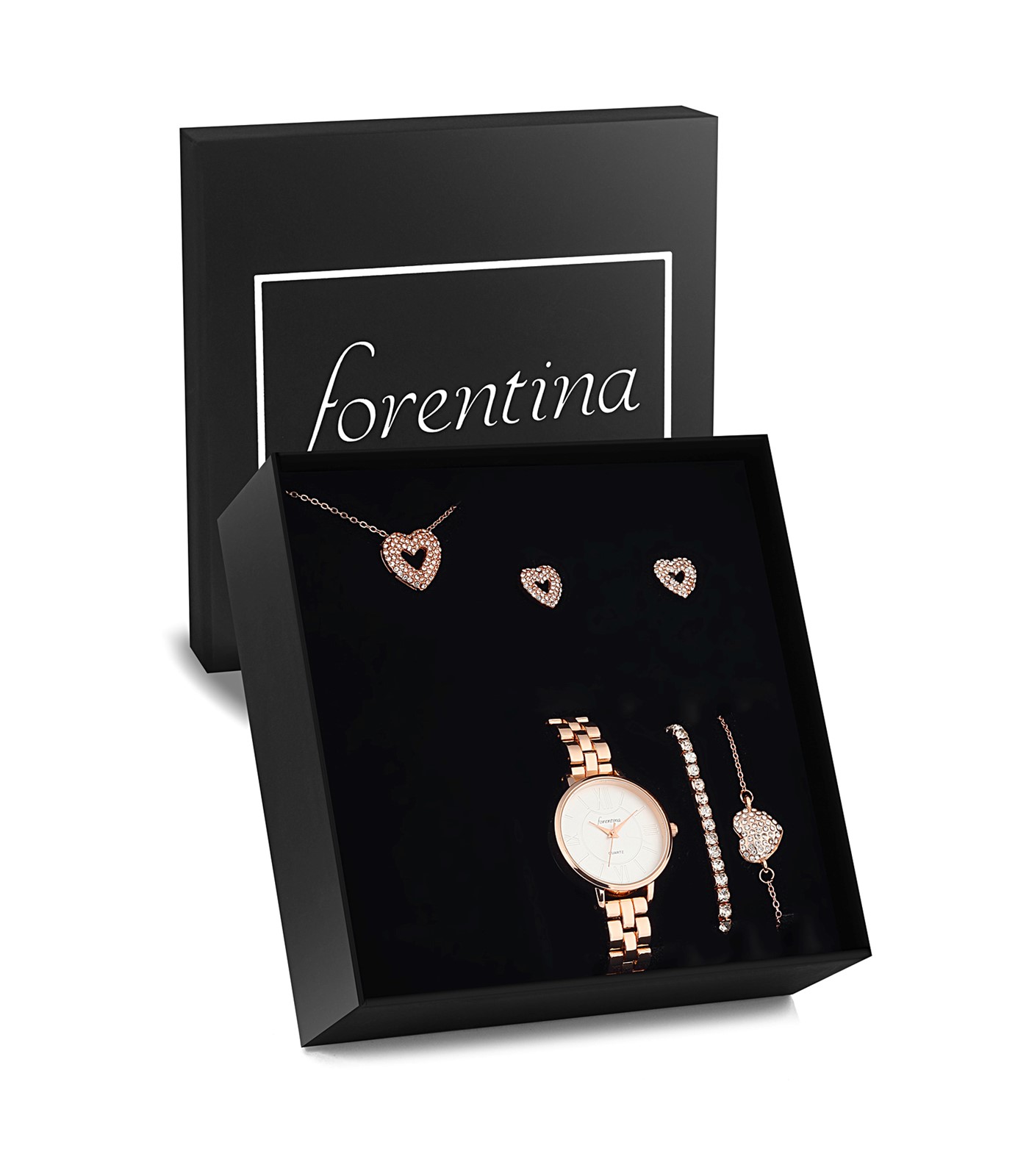 Forentina Rose Kalpli Kolye Bileklik Küpe Saat Hediye Set PS2762