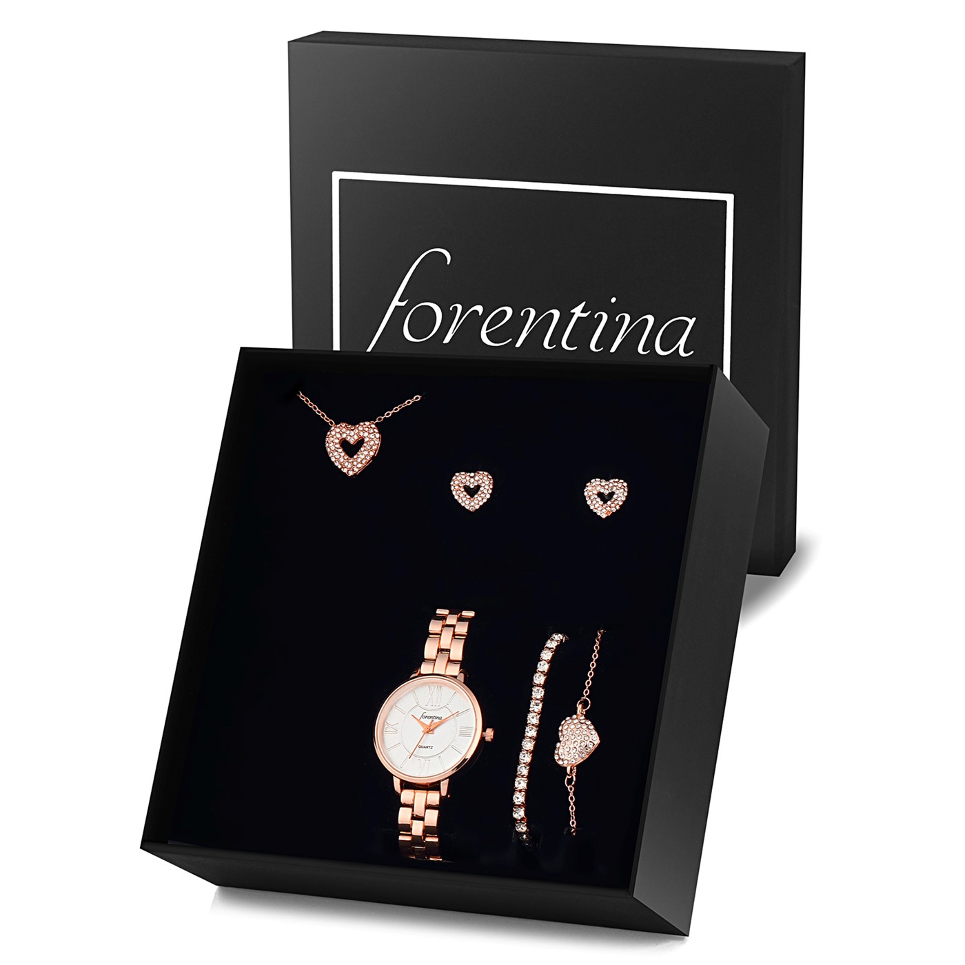 Forentina Rose Kalpli Kolye Bileklik Küpe Saat Hediye Set PS2762