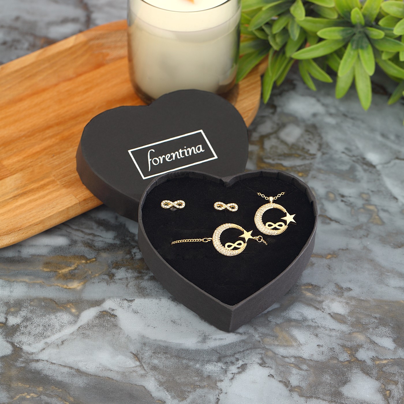 Forentina Altın Kaplama Sonsuz Ay Yıldız Kolye Bileklik Küpe  Takı Seti PS2768