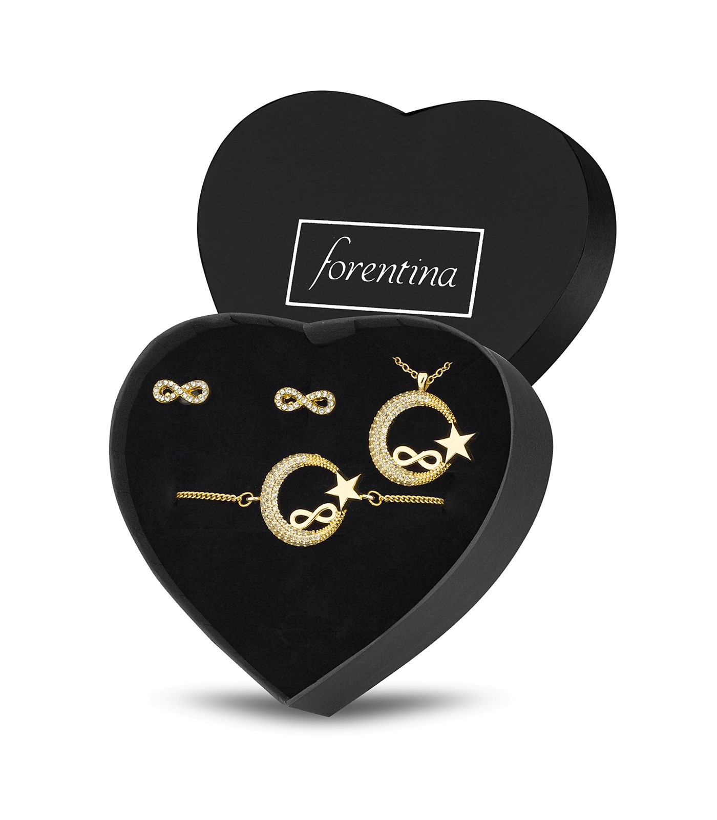 Forentina Altın Kaplama Sonsuz Ay Yıldız Kolye Bileklik Küpe  Takı Seti PS2768