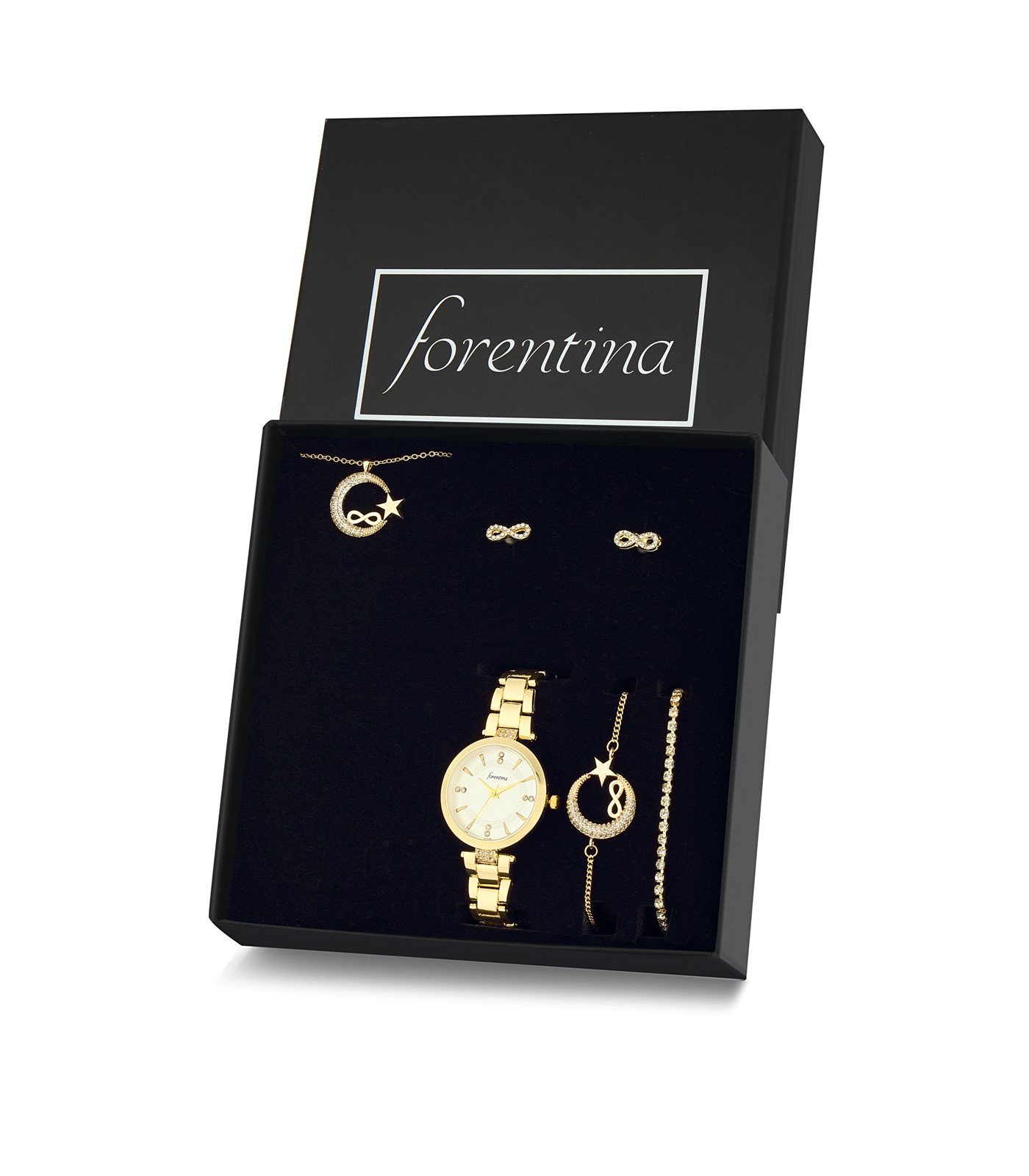 Forentina Altın Kaplama Ay Yıldız Kolye Küpe Bileklik Saat Hediye Set PS2772