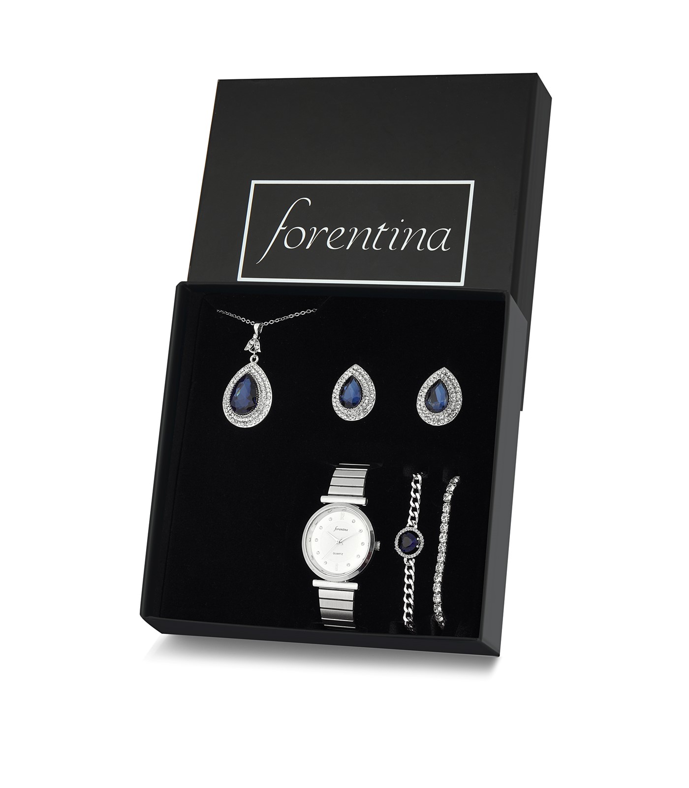 Forentina Gümüş Kaplama Lacivert Zirkon Taşlı Kolye Küpe Bileklik Saat Hediye Set  PS2773
