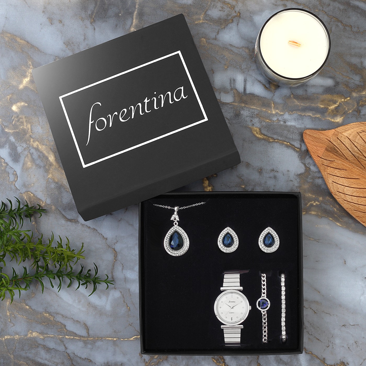 Forentina Gümüş Kaplama Lacivert Zirkon Taşlı Kolye Küpe Bileklik Saat Hediye Set  PS2773