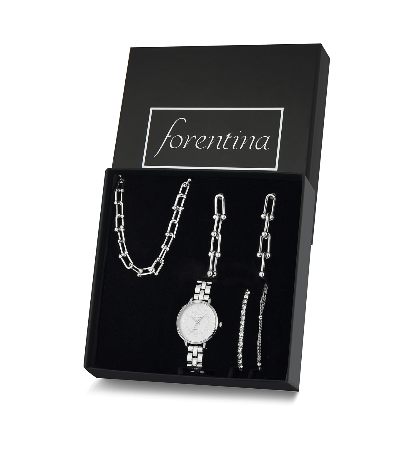Forentina Gümüş Kaplama Zincir Modeli Kolye Küpe Bileklik Saat Hediye Set PS2776