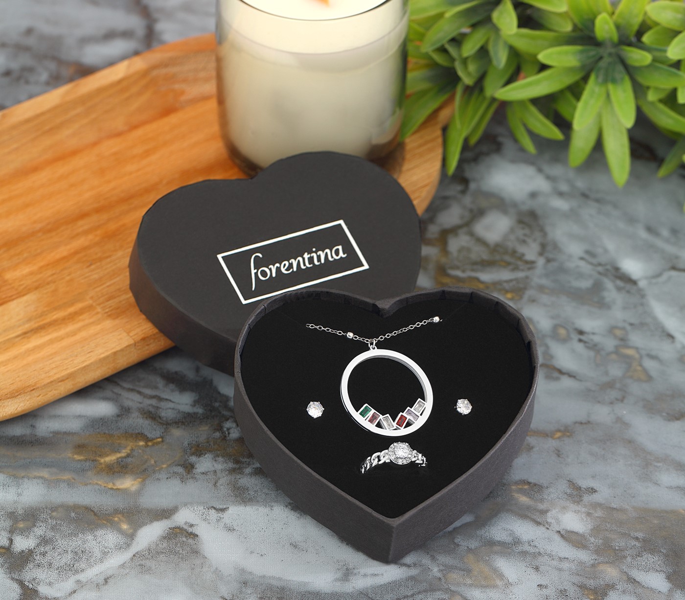 Forentina Kadın Renkli Zirkon Taşlı Gri Renk Kolye Tektaş Küpe Yüzük Takı Seti PS2787