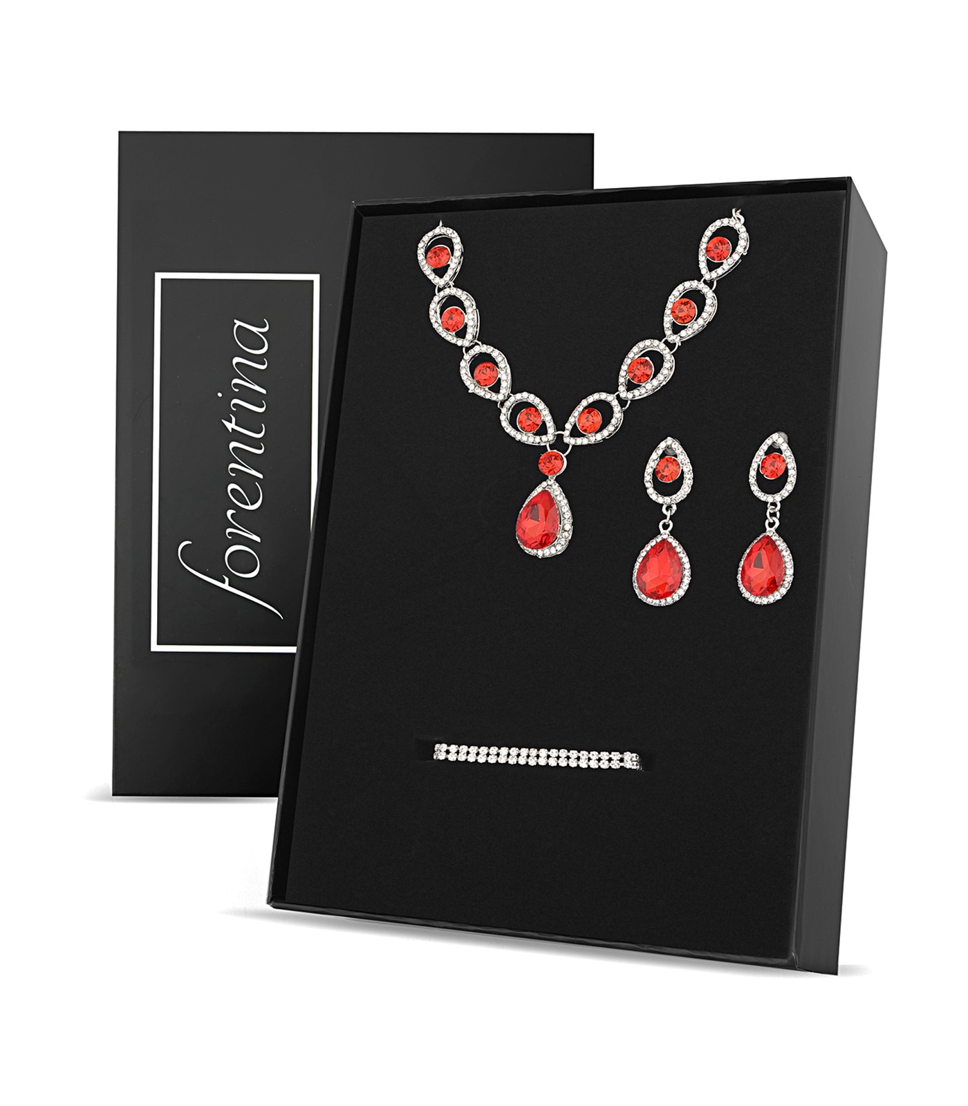 Forentina Gümüş Renk Kırmızı Taşlı Kolye Küpe Bileklik Takı Seti PS2788