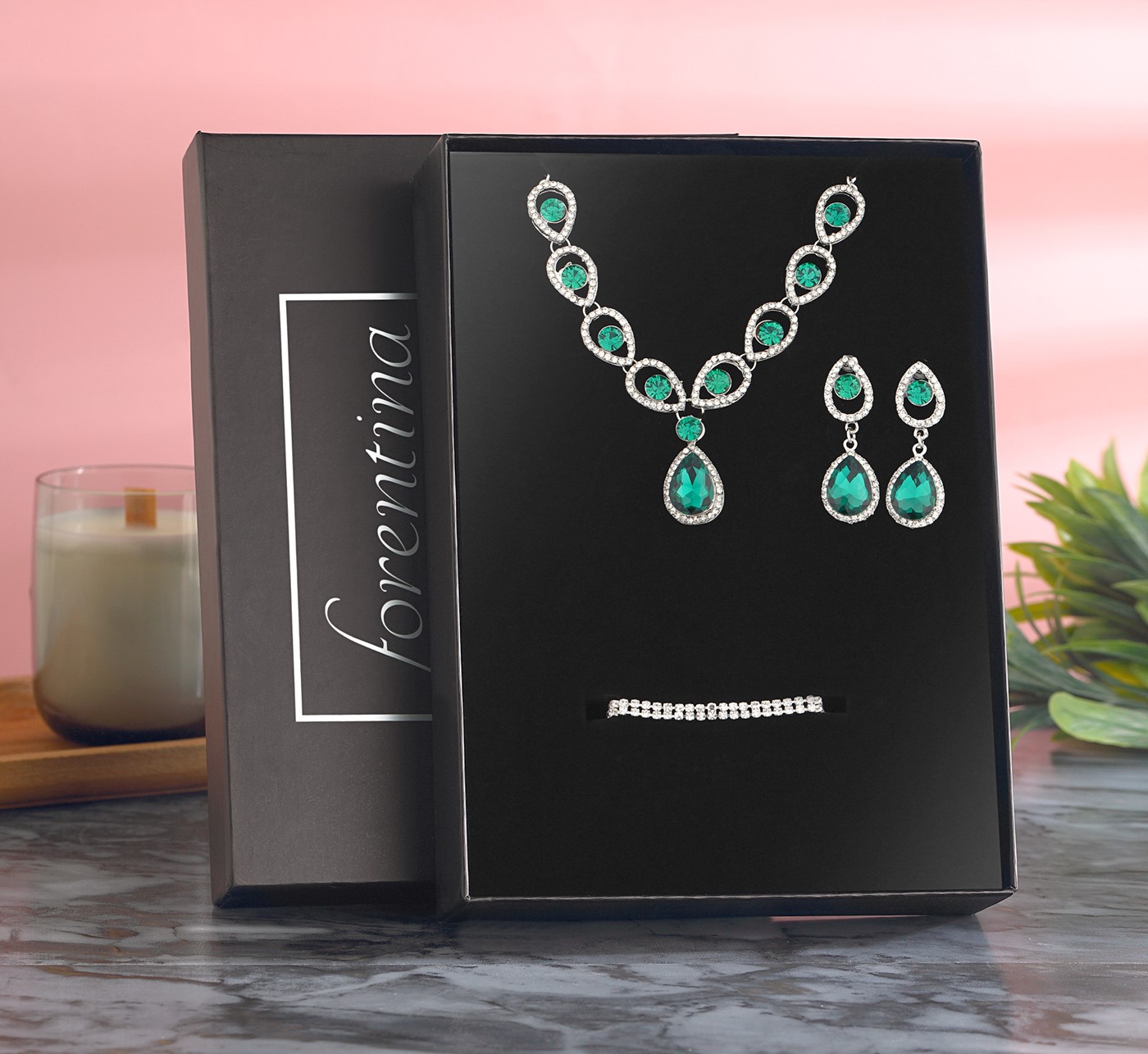 Forentina Gümüş Renk Yeşil Taşlı Kolye Küpe Bileklik Takı Seti PS2791