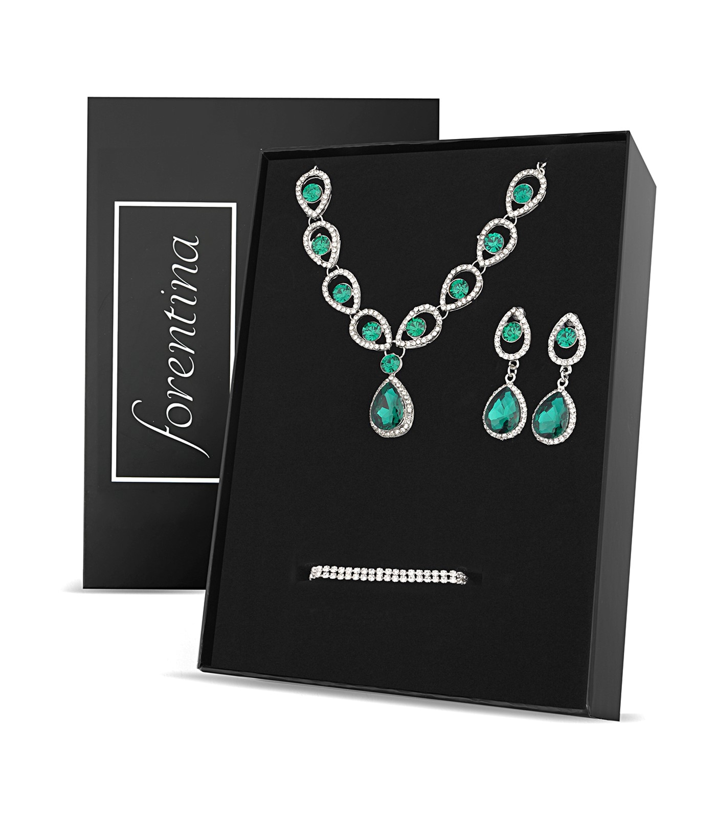 Forentina Gümüş Renk Yeşil Taşlı Kolye Küpe Bileklik Takı Seti PS2791