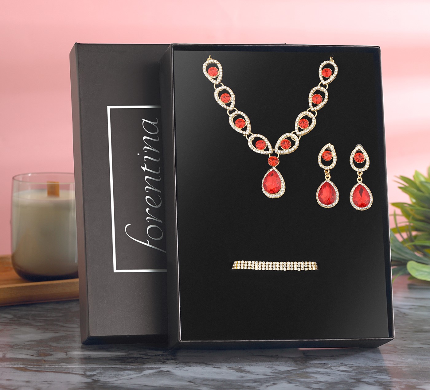 Forentina Sarı Renk Kırmızı Taşlı Kolye Küpe Bileklik Takı Seti PS2792