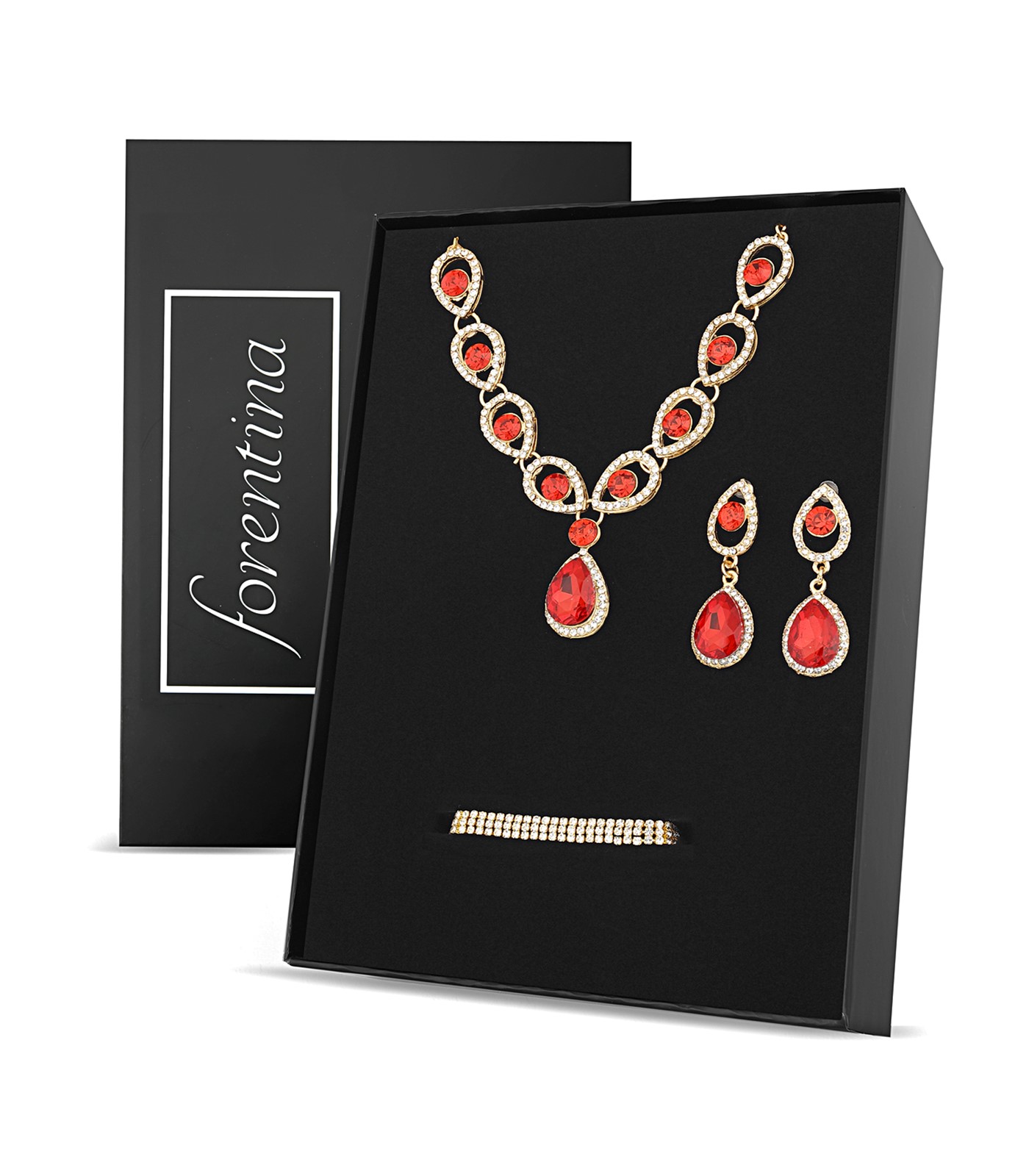 Forentina Sarı Renk Kırmızı Taşlı Kolye Küpe Bileklik Takı Seti PS2792