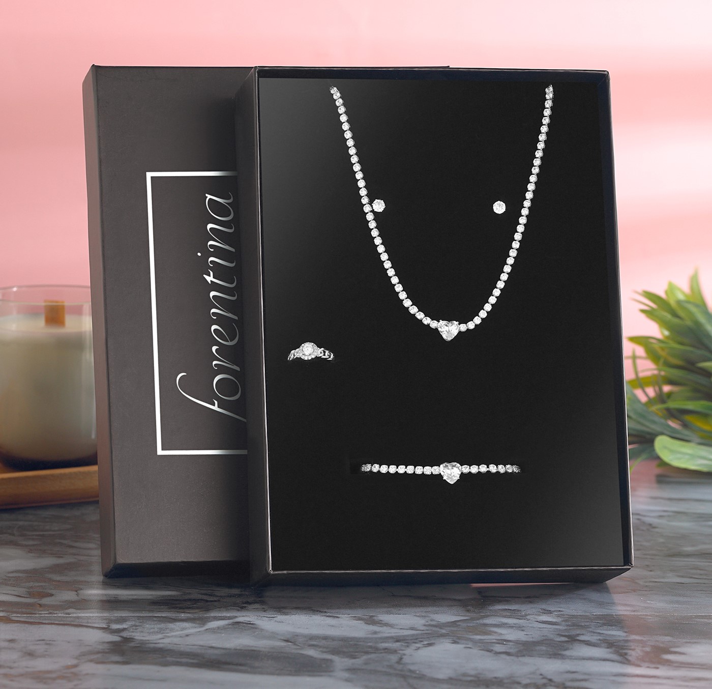 Forentina Zirkon Beyaz Taşlı Kalp Kolye Bileklik Küpe Yüzük  Takı Seti PS2793