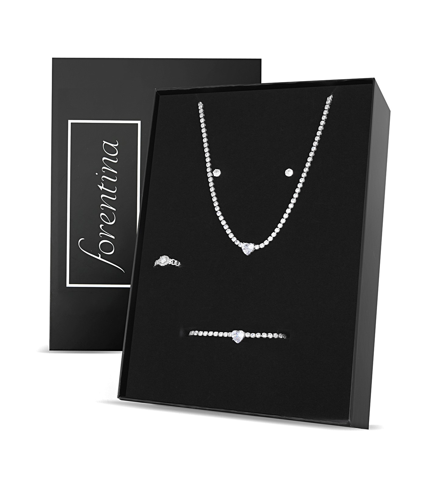 Forentina Zirkon Beyaz Taşlı Kalp Kolye Bileklik Küpe Yüzük  Takı Seti PS2793