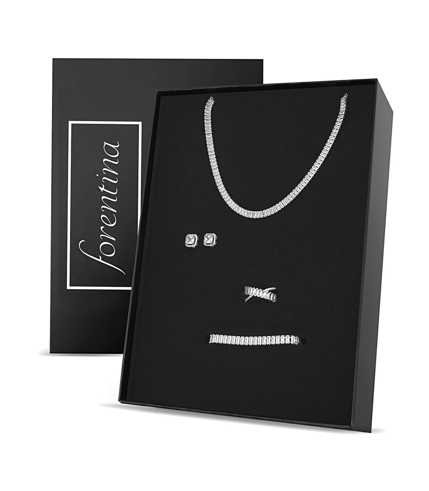 Forentina Gümüş Renk Zirkon Baget Taşlı Kolye Küpe Bileklik Yüzük Takı Seti PS2794