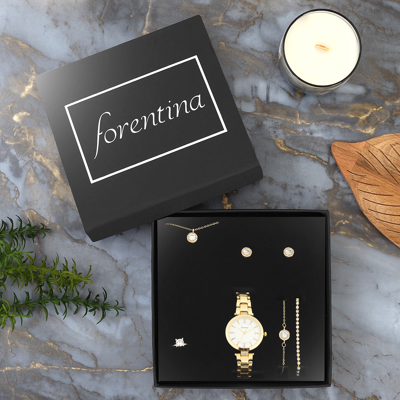 Forentina Sarı Renk Tektaş Kolye Küpe Bileklik Saat Hediye Set PS2795