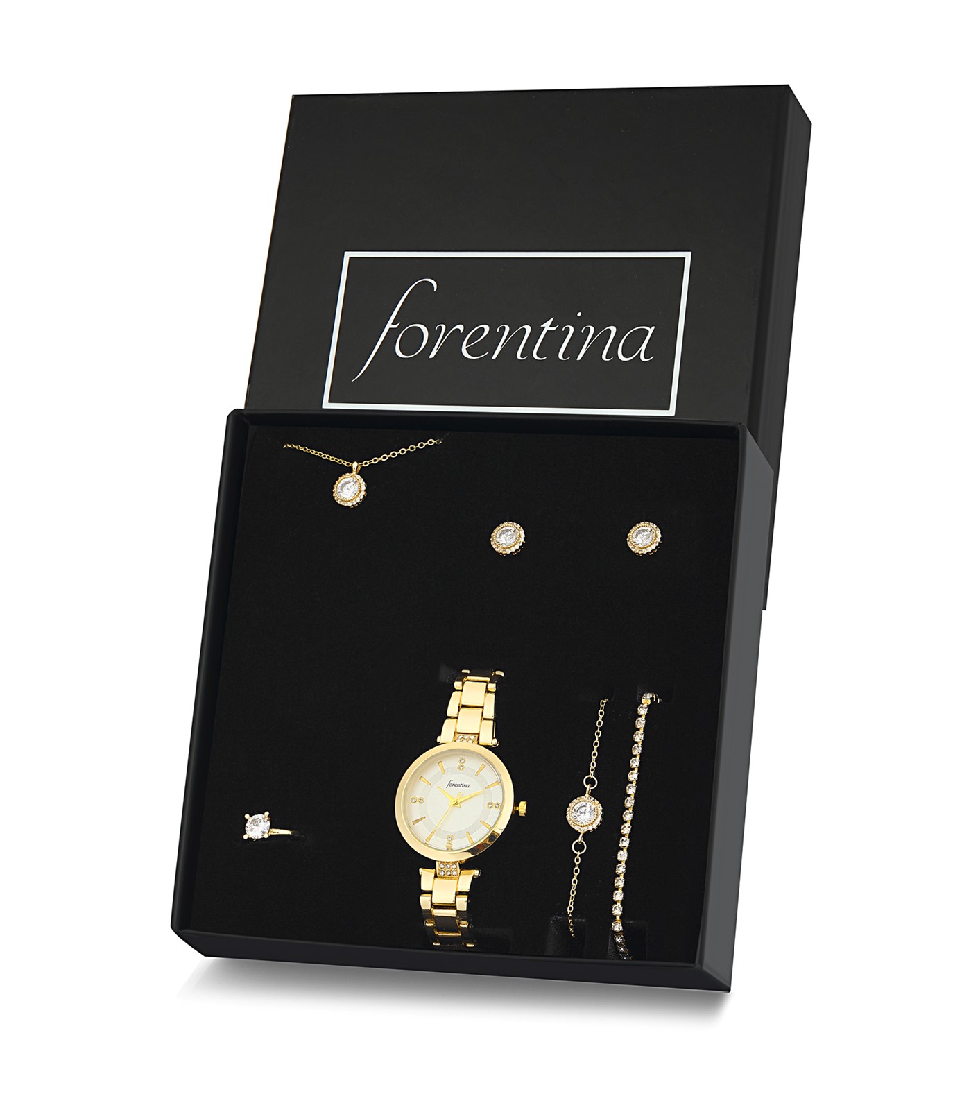 Forentina Sarı Renk Tektaş Kolye Küpe Bileklik Saat Hediye Set PS2795