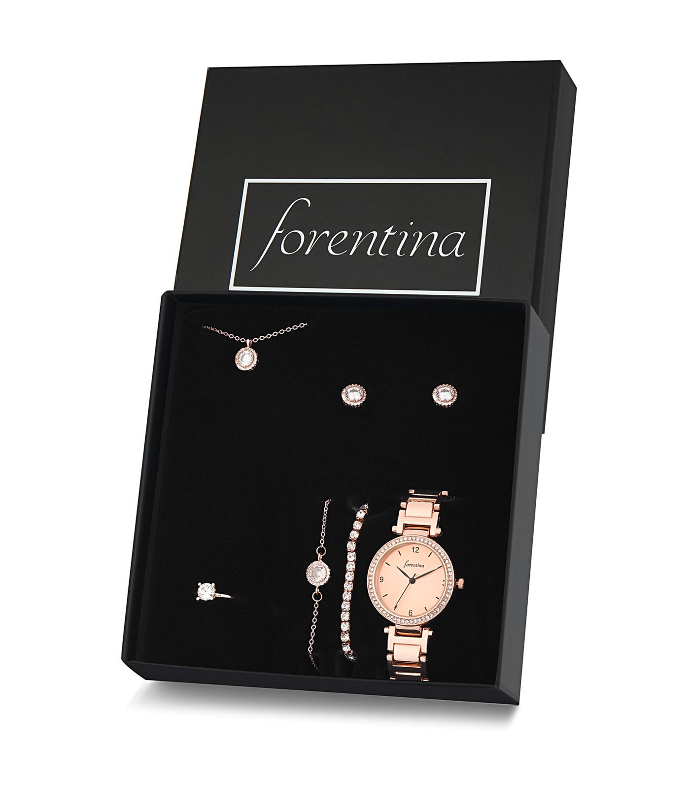 Forentina Rose Renk Tektaş Kolye Küpe Bileklik Saat Hediye Set PS2796