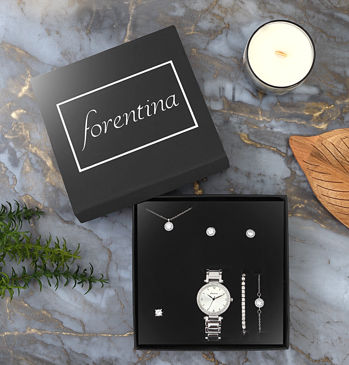 Forentina Kadın Gümüş Renk Kol Saati Tektaş Takı Seti Sevgiliye Hediye PS2878