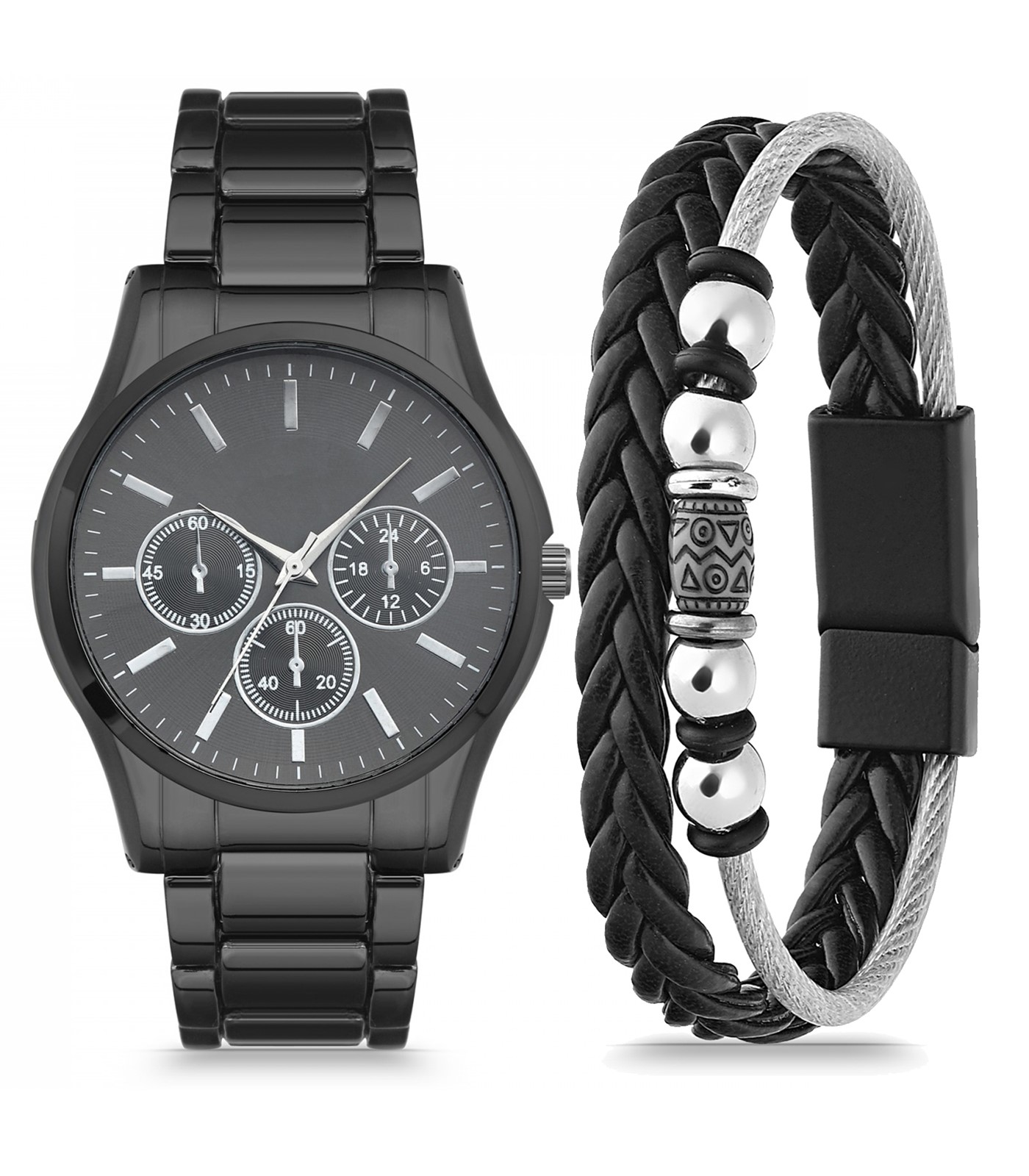 Forentina Erkek Siyah Metal Kol Saati Deri Erkek Bileklik Kombin PS2815