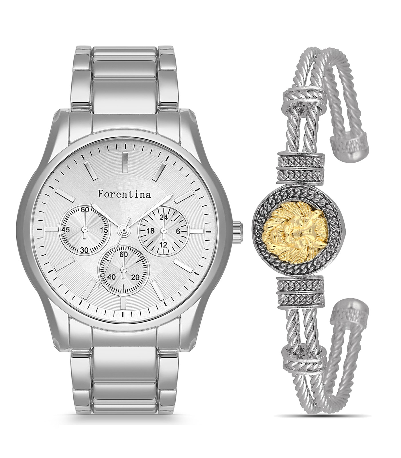 Forentina Erkek Gri Metal Kol Saati - Aslan Bileklik Kombin Set PS2817