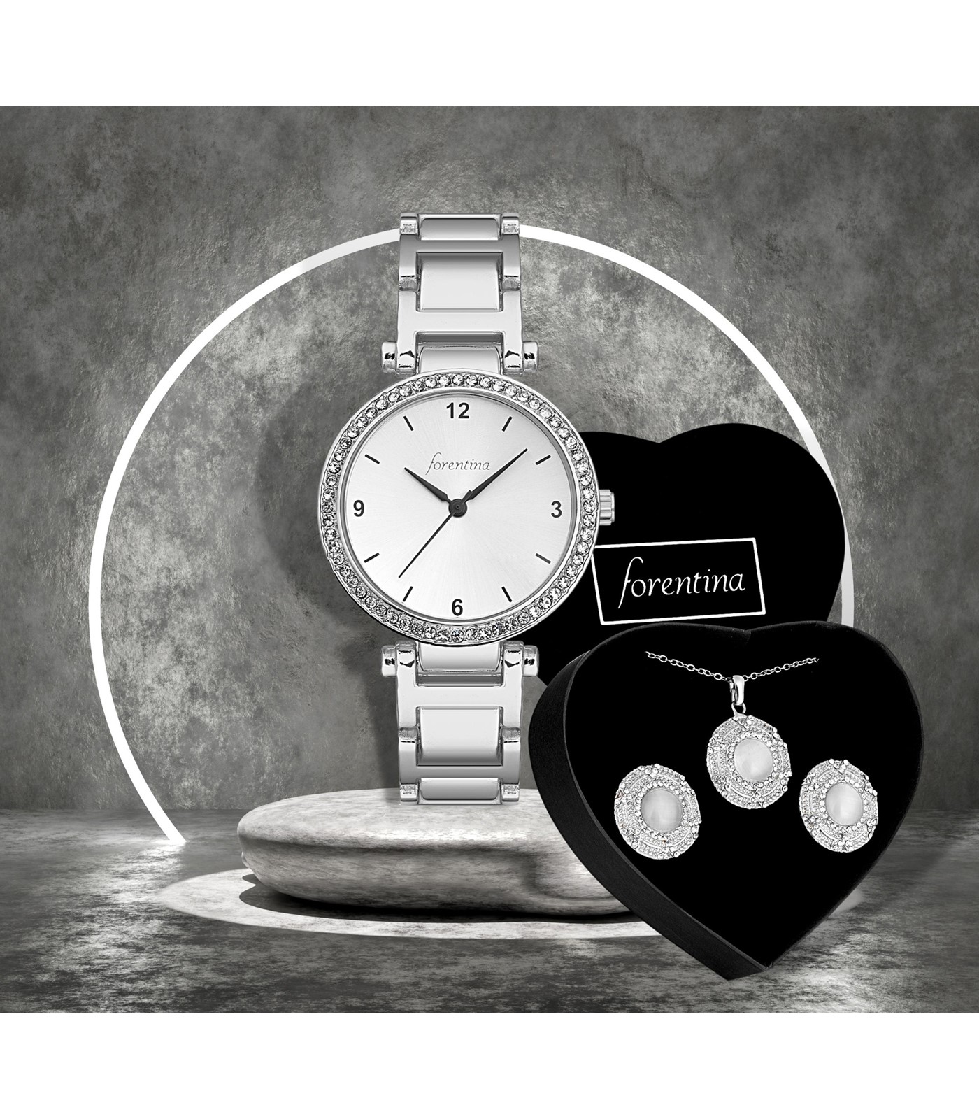 Forentina Kadın Gri Metal Kol Saati Yuvarlak Tasarım Takı Seti PS2842