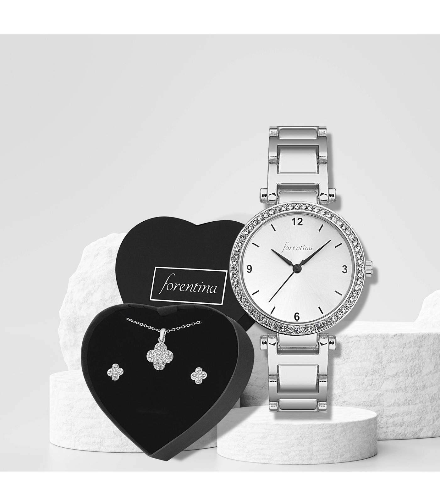 Forentina Kadın Gri Metal Kol Saati - Yonca Kolye Küpe Set PS2843