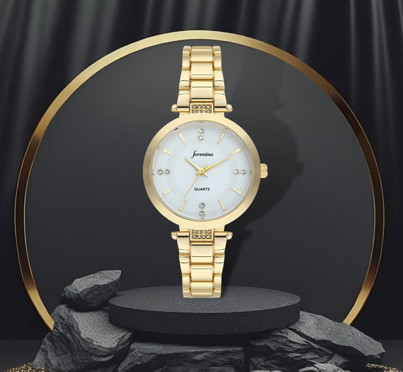 Forentina Kadın Sarı Metal Kol Saati - Yonca Kolye Yonca Küpe Set PS2844