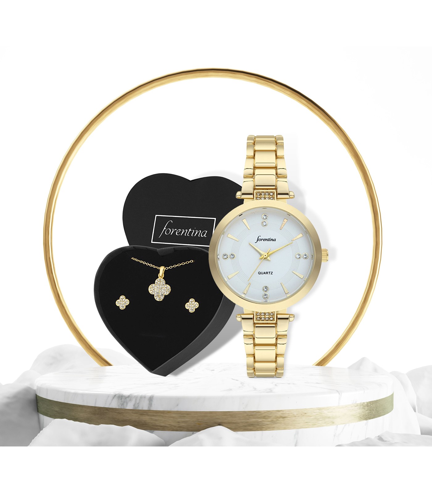 Forentina Kadın Sarı Metal Kol Saati - Yonca Kolye Yonca Küpe Set PS2844