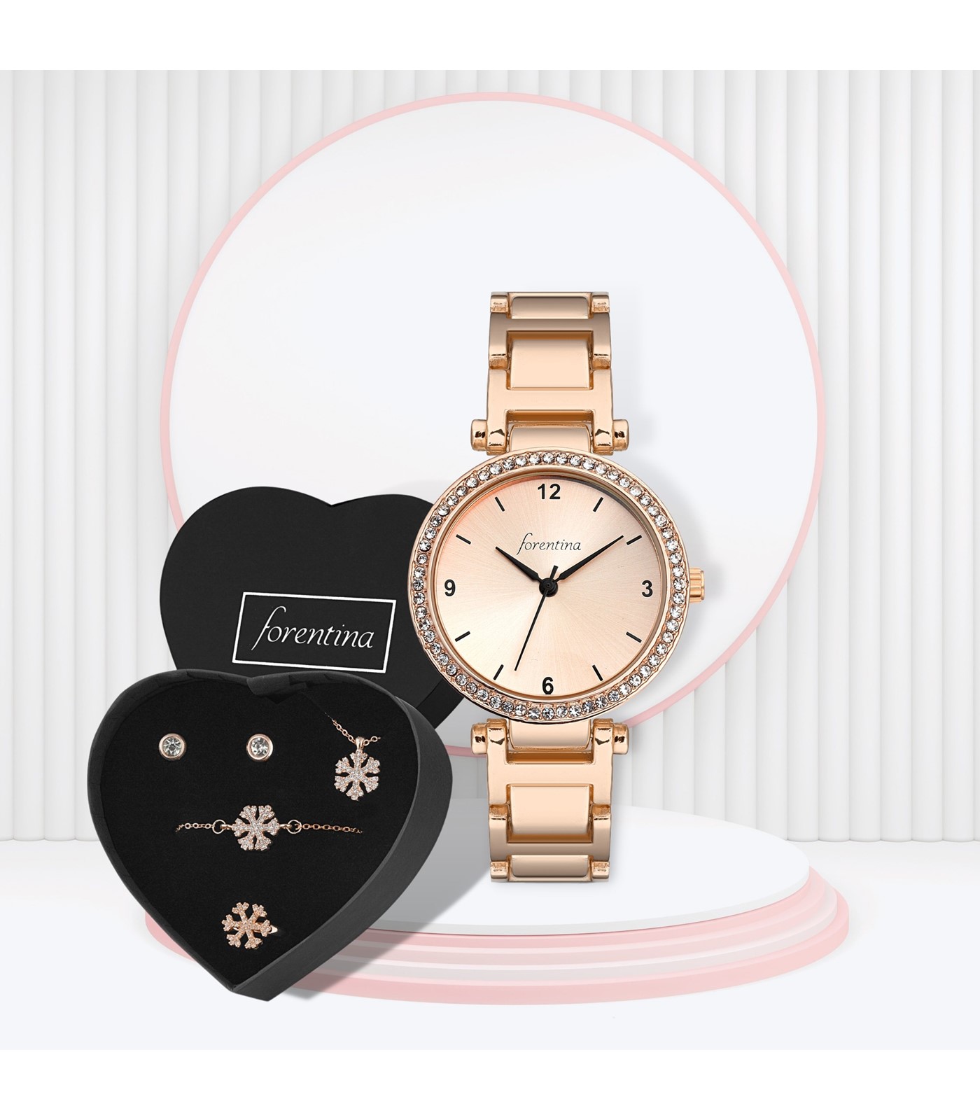 Forentina Kadın Rose Metal Kol Saati - Kar Tanesi Takı Seti PS2845