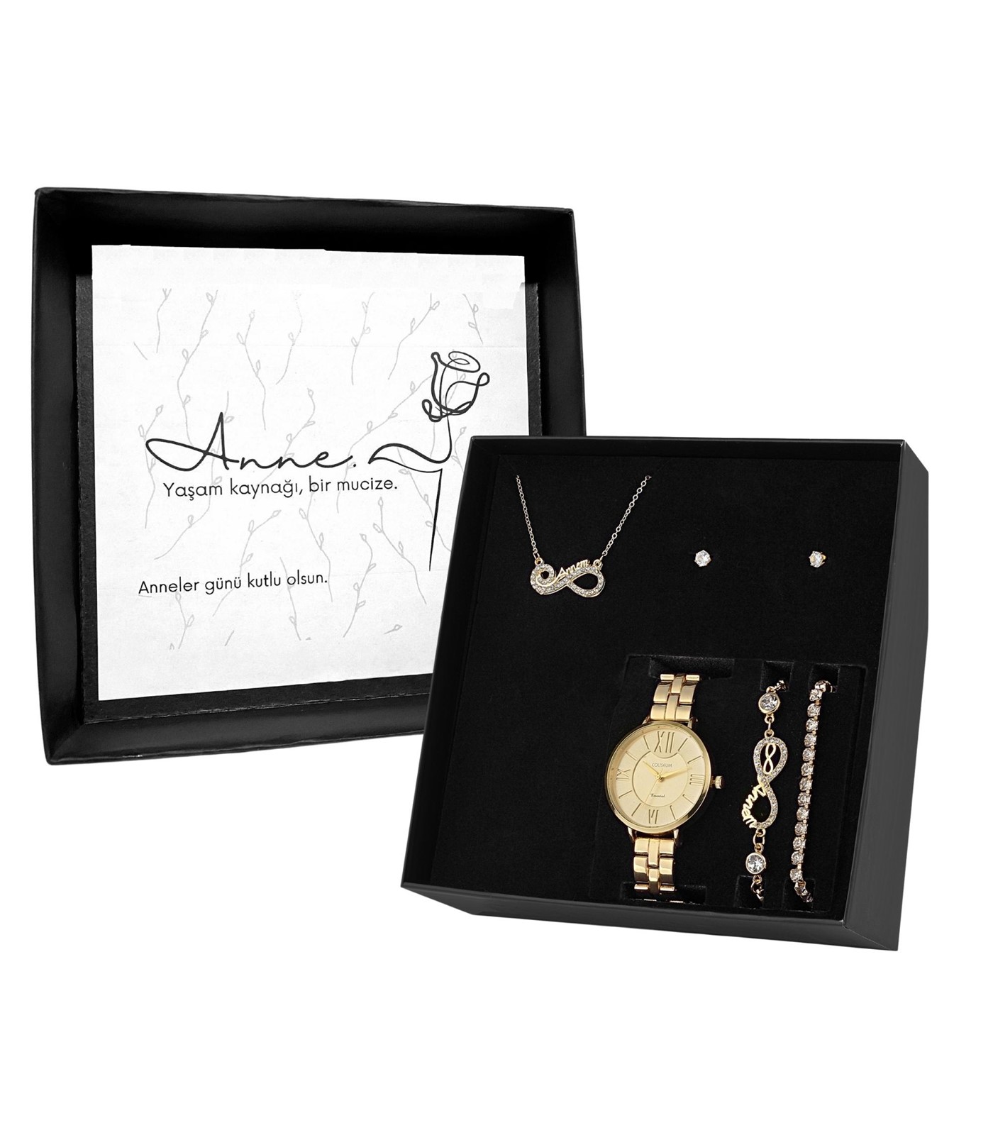 Forentina  Kadın Metal Kol Saati- Annem Yazılı Takı Seti Anneler Günü Hediye PS2871