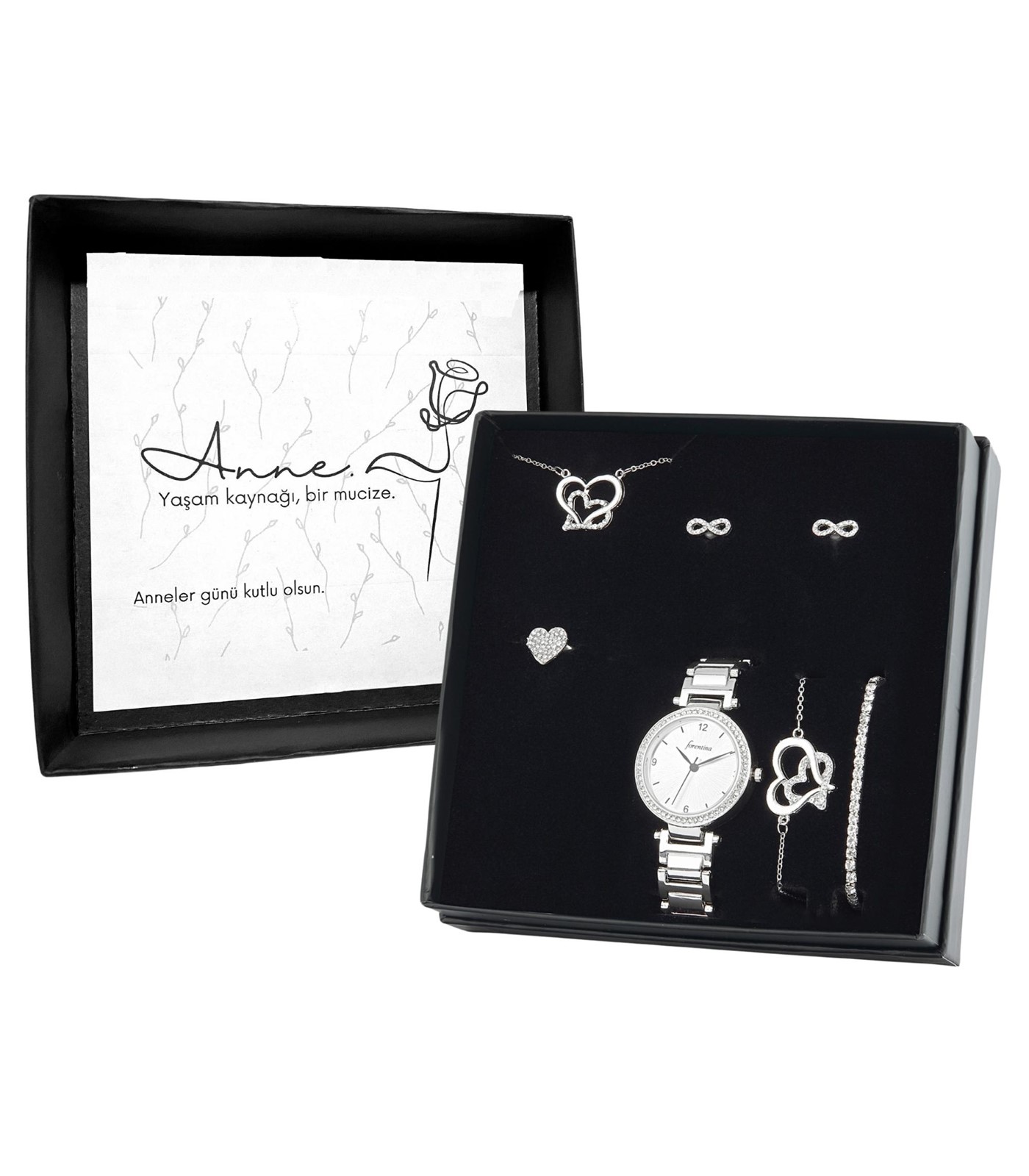 Forentina Gümüş Renk Kol Saati- Çift Kalp Takı Seti - Anneye Hediye PS2875