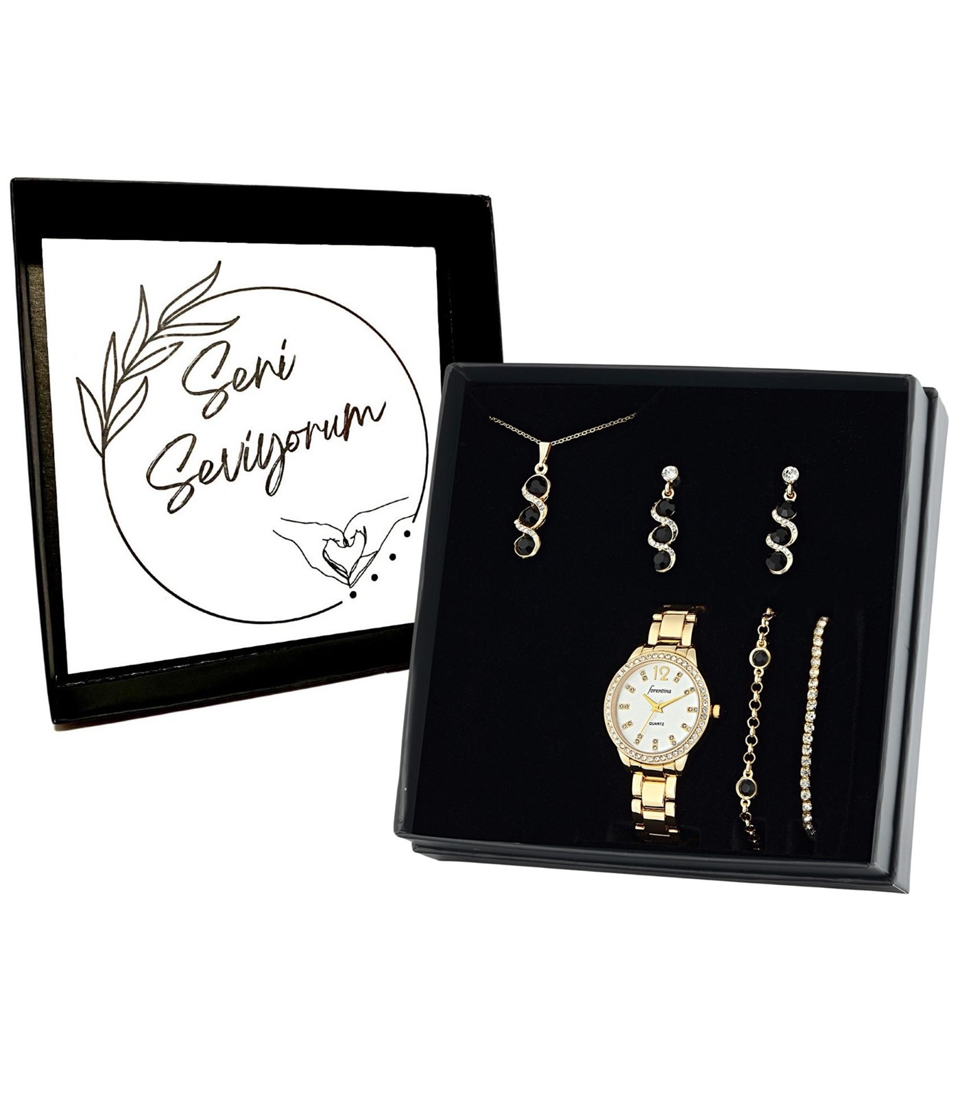 Forentina Kadın Metal Kol Saati Siyah Taşlı Takı Seti- Sevgiliye Hediye PS2877