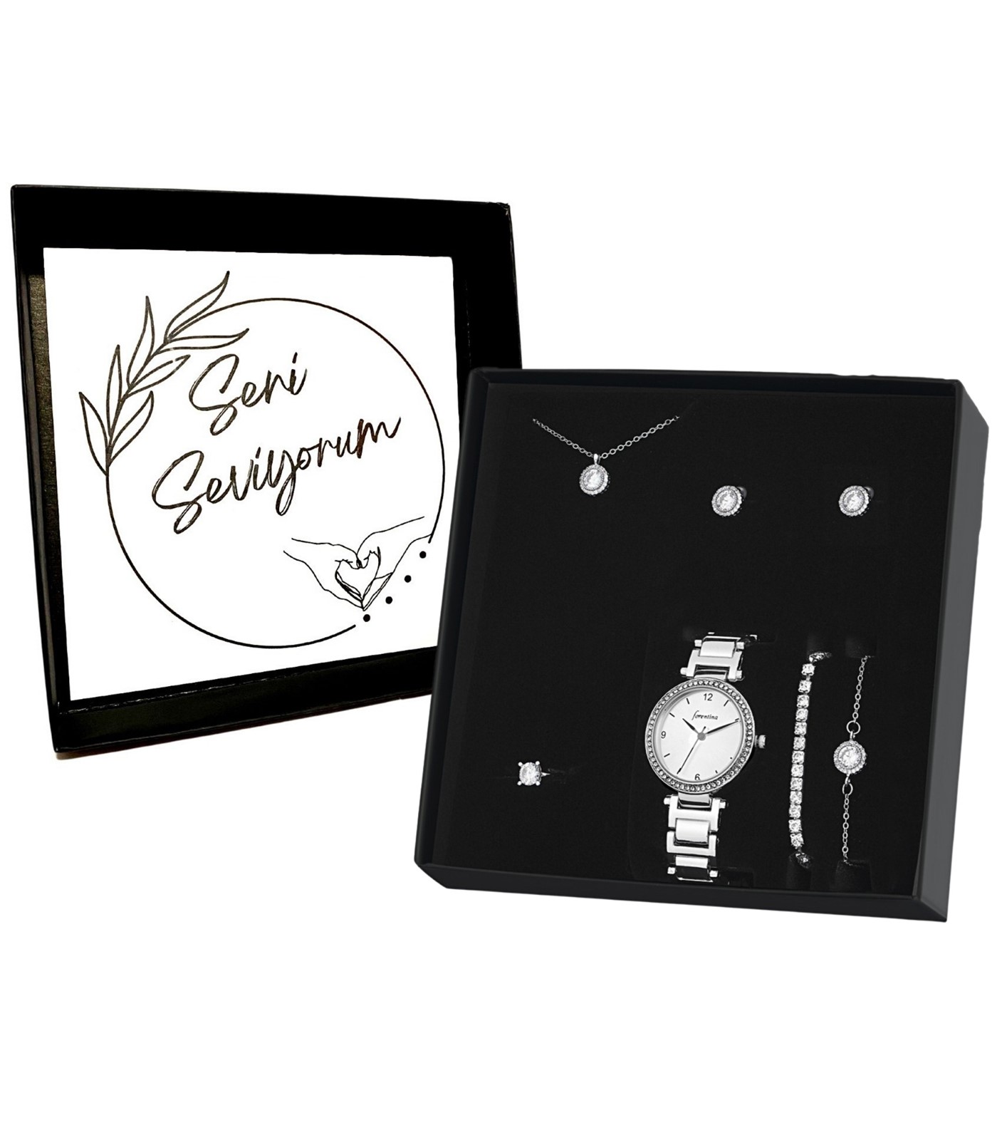 Forentina Kadın Gümüş Renk Kol Saati Tektaş Takı Seti Sevgiliye Hediye PS2878