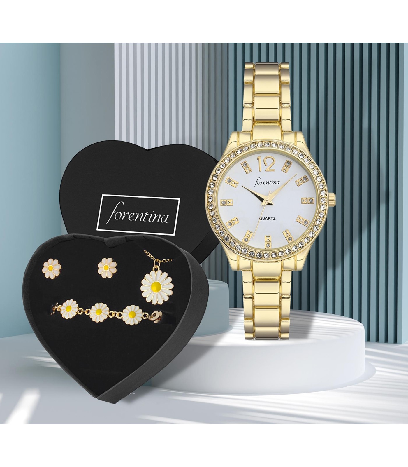 Forentina  Kadın Sarı Metal Kol Saati - Papatya Takı Seti Hediye Set PS2888