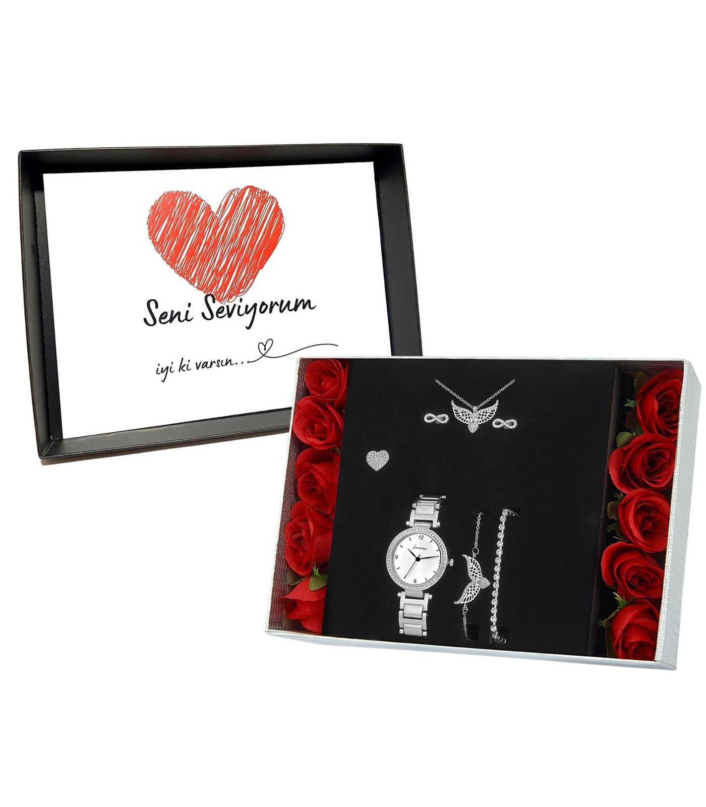 Forentina Kadın Metal Kol Saati Melek Kanadı Takı Seti PS2890