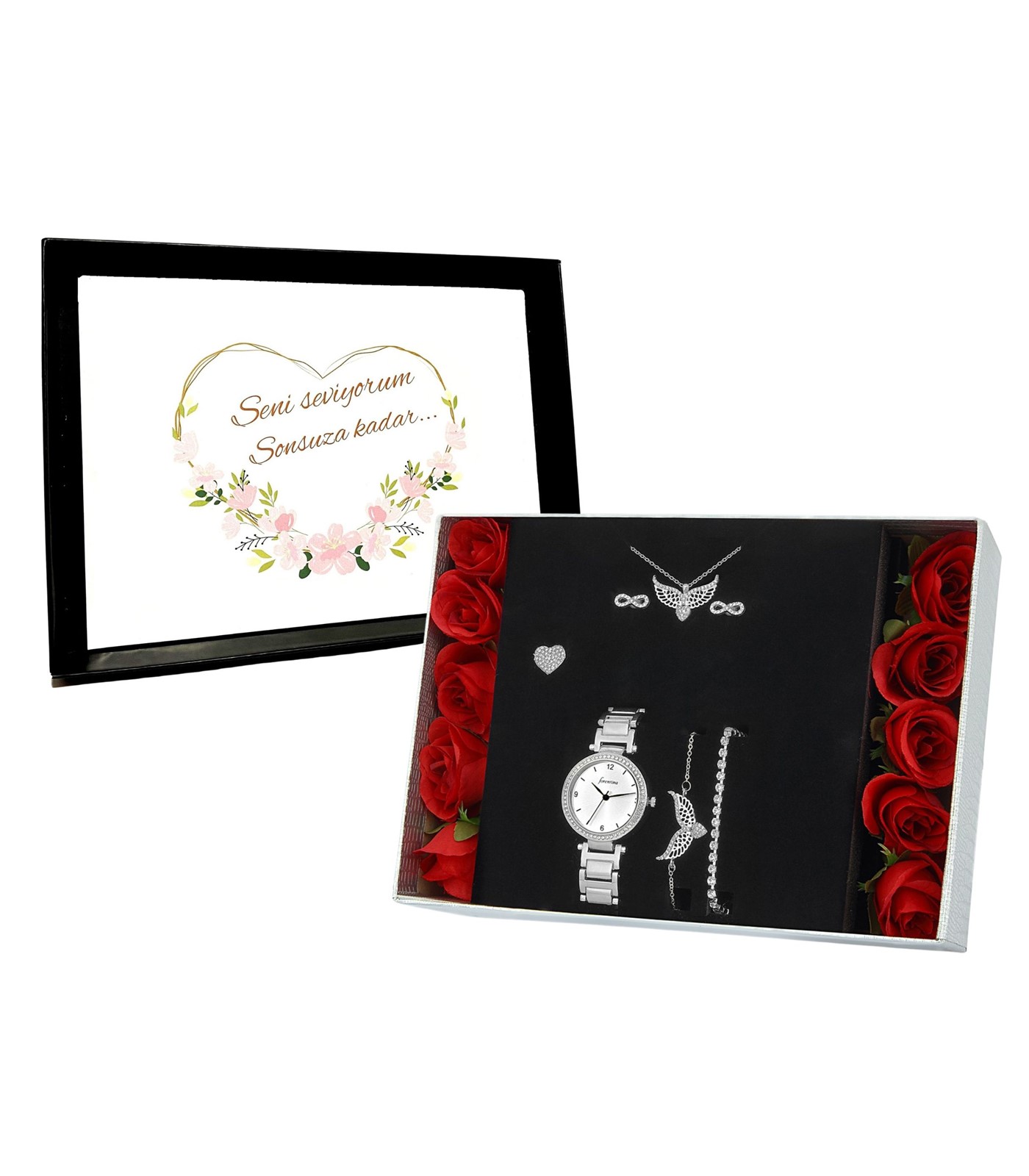 Forentina Kadın Metal Kol Saati - Güllü Kutuda Melek Kanadı Takı Seti PS2891