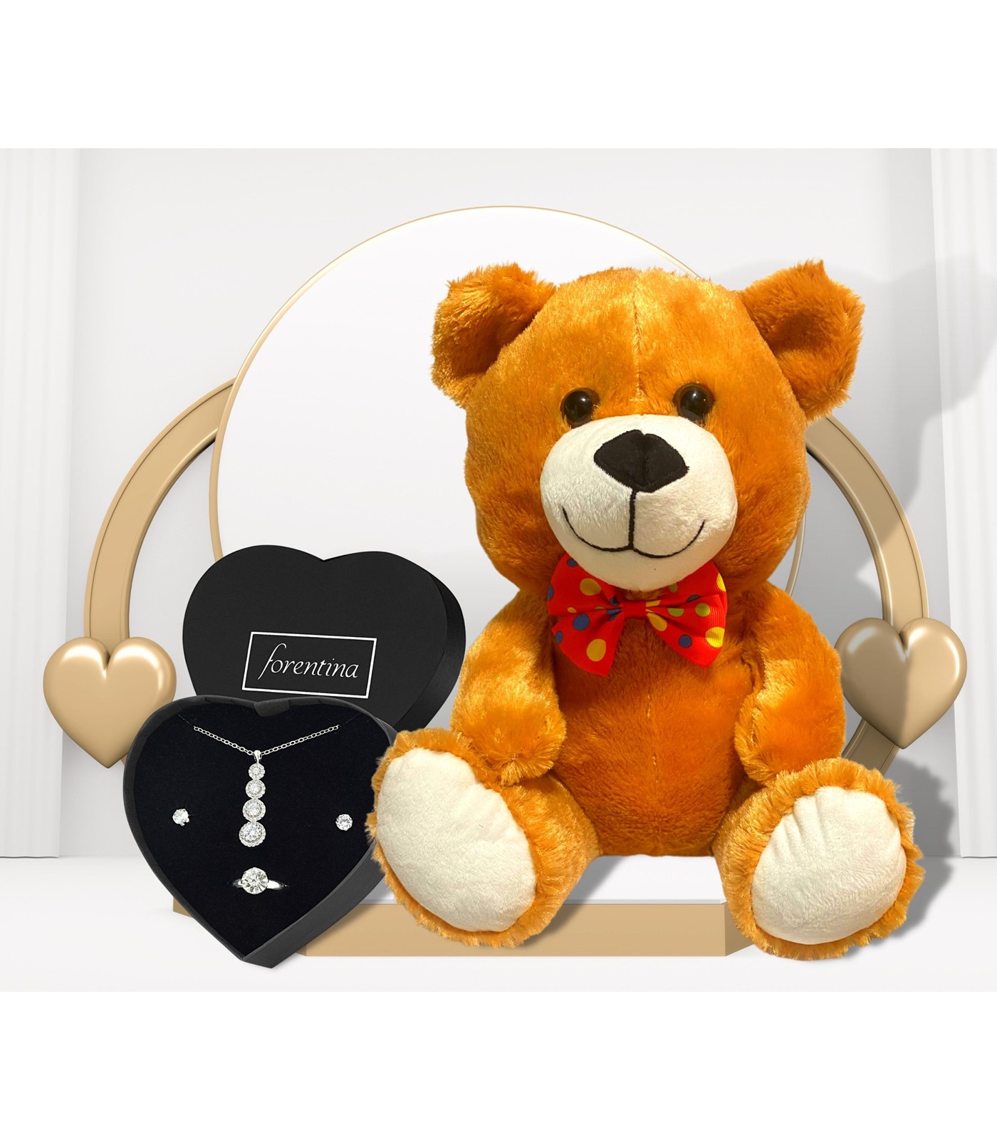 Forentina Kadın Tria Kolye Küpe Yüzük Set - Peluş Ayı Hediye Set  PS2901