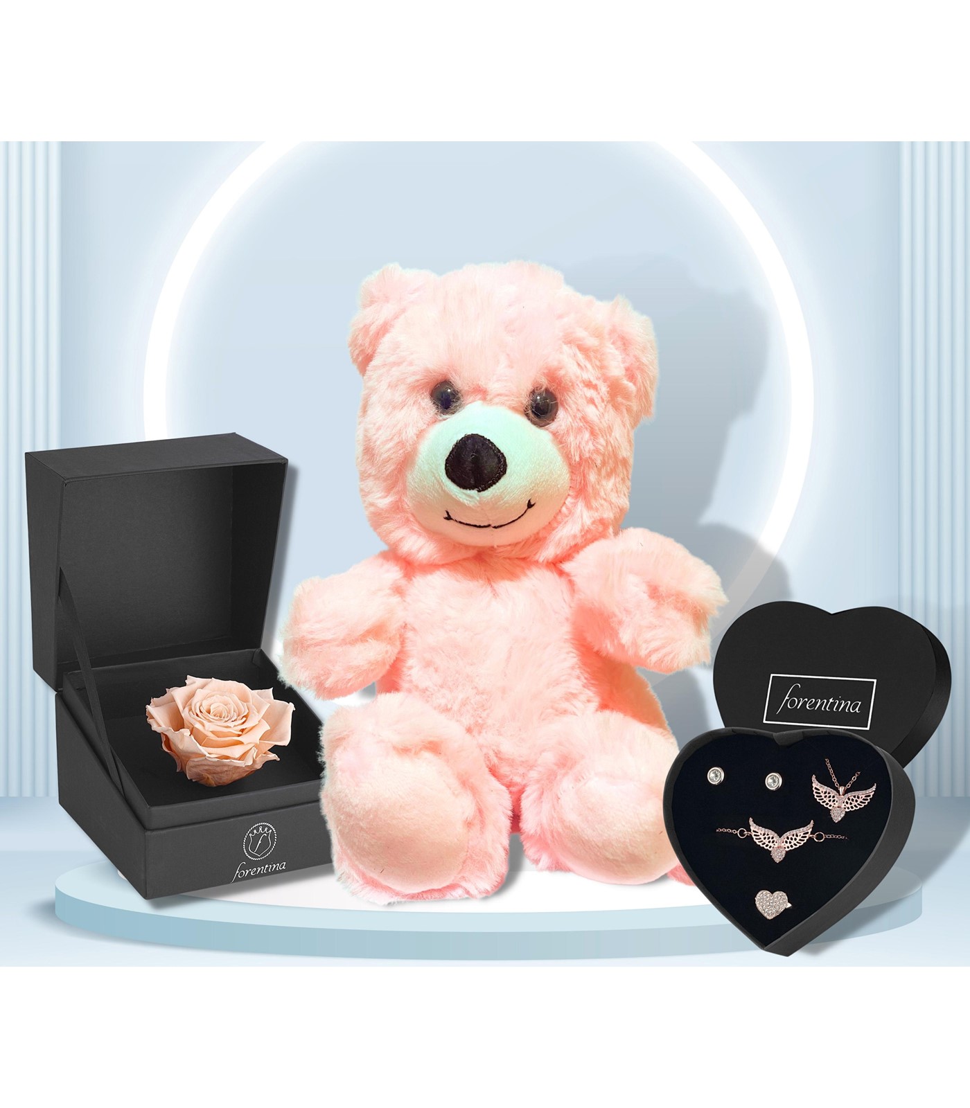 Forentina Kadın Melek Kanadı Takı Seti - Solmayan Gül - Pembe Peluş Ayı PS2905