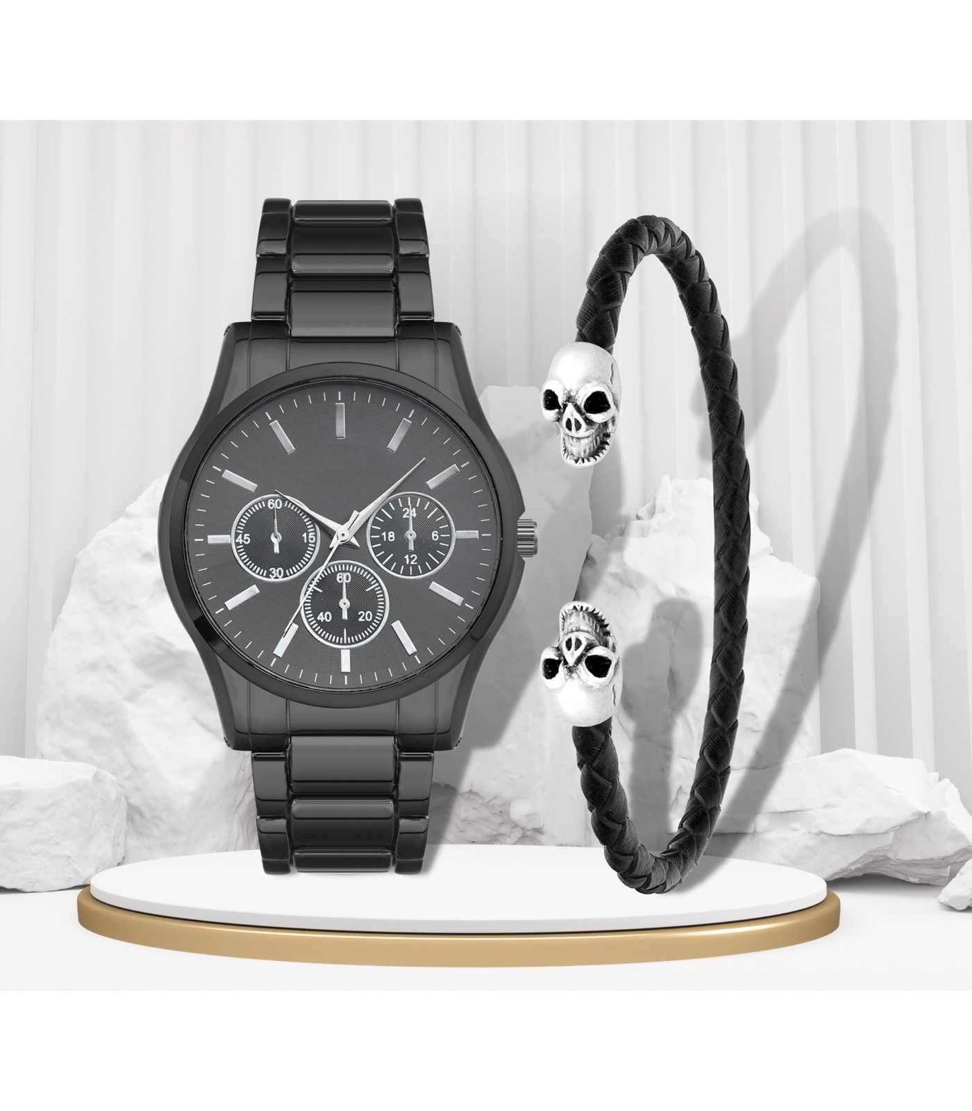 Forentina Erkek Siyah Metal Kol Saati - Kurukafa Bileklik Set PS2918