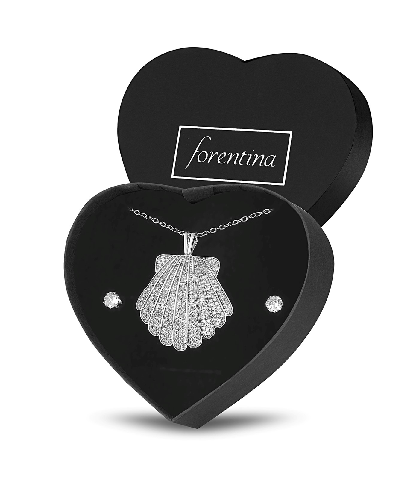 Forentina Gümüş Renk Zirkon Deniz Kabuğu Kolye Küpe Takı Seti PS2923