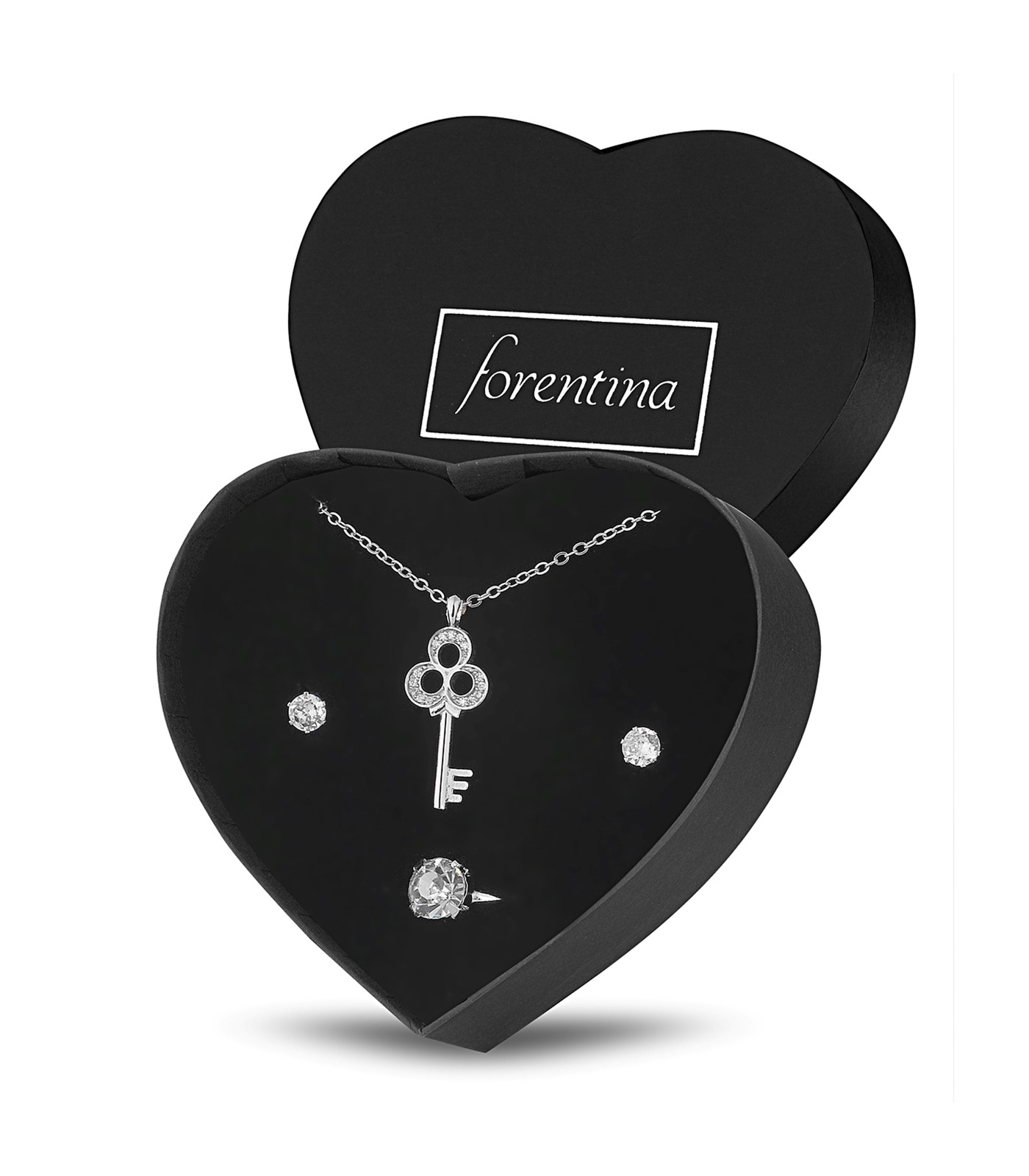 Forentina Gümüş Renk Zirkon Anahtar Kolye Küpe Yüzük Takı Seti PS2924