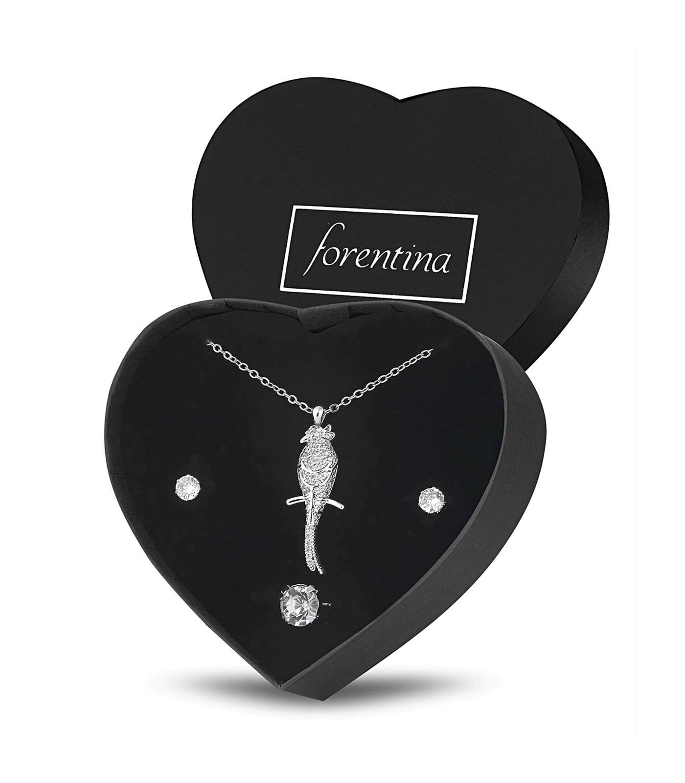 Forentina Gümüş Renk Zirkon Papağan Kolye Küpe Yüzük Takı Seti PS2925