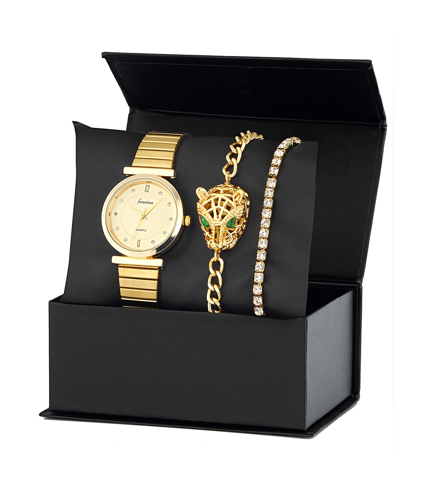 Forentina Kadın Sarı Metal Kol Saati - Aslan Bileklik Kombin Set PS2931